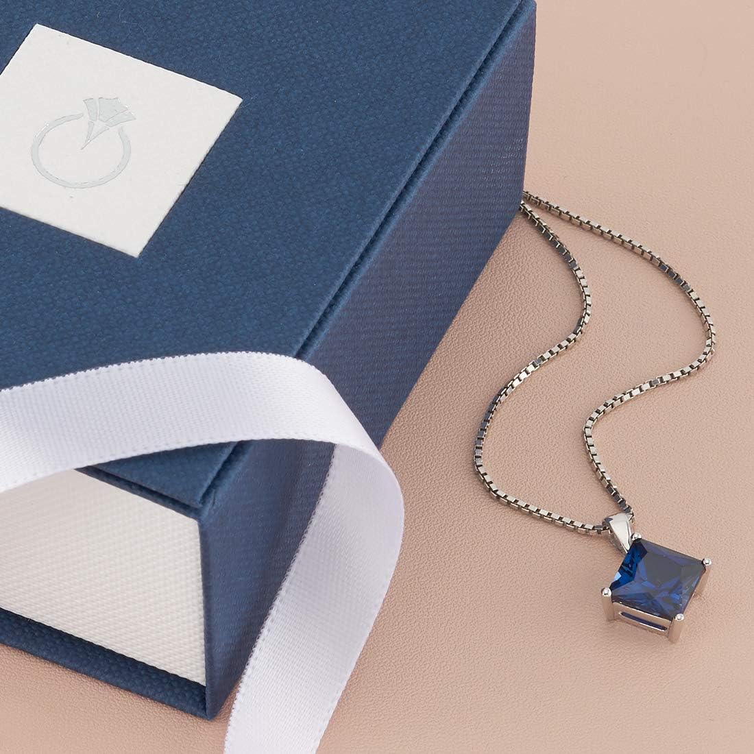 PEORA 14K White Gold 3.50 Carats Created Blue Sapphire Pendant, Princess Cut 8mm Classic Solitaire, Sparkling Blue Sapphire Jewelry, September Birthstone Gift, For Jewelry Gift & Everyday Wear