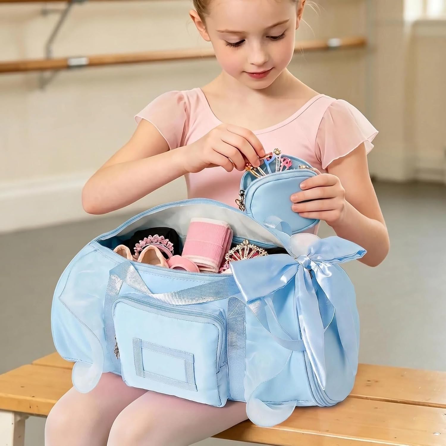 Dance Bag for Girls 4-8, Ballet Gymnastics Duffle Bag w/Coin Purse Shoe Compartment Bow Handle Zipper Toddler Cheer Bags Waterproof Adjustable Straps Sport Bag Cute Travel Bag Gifts for Teens Girl