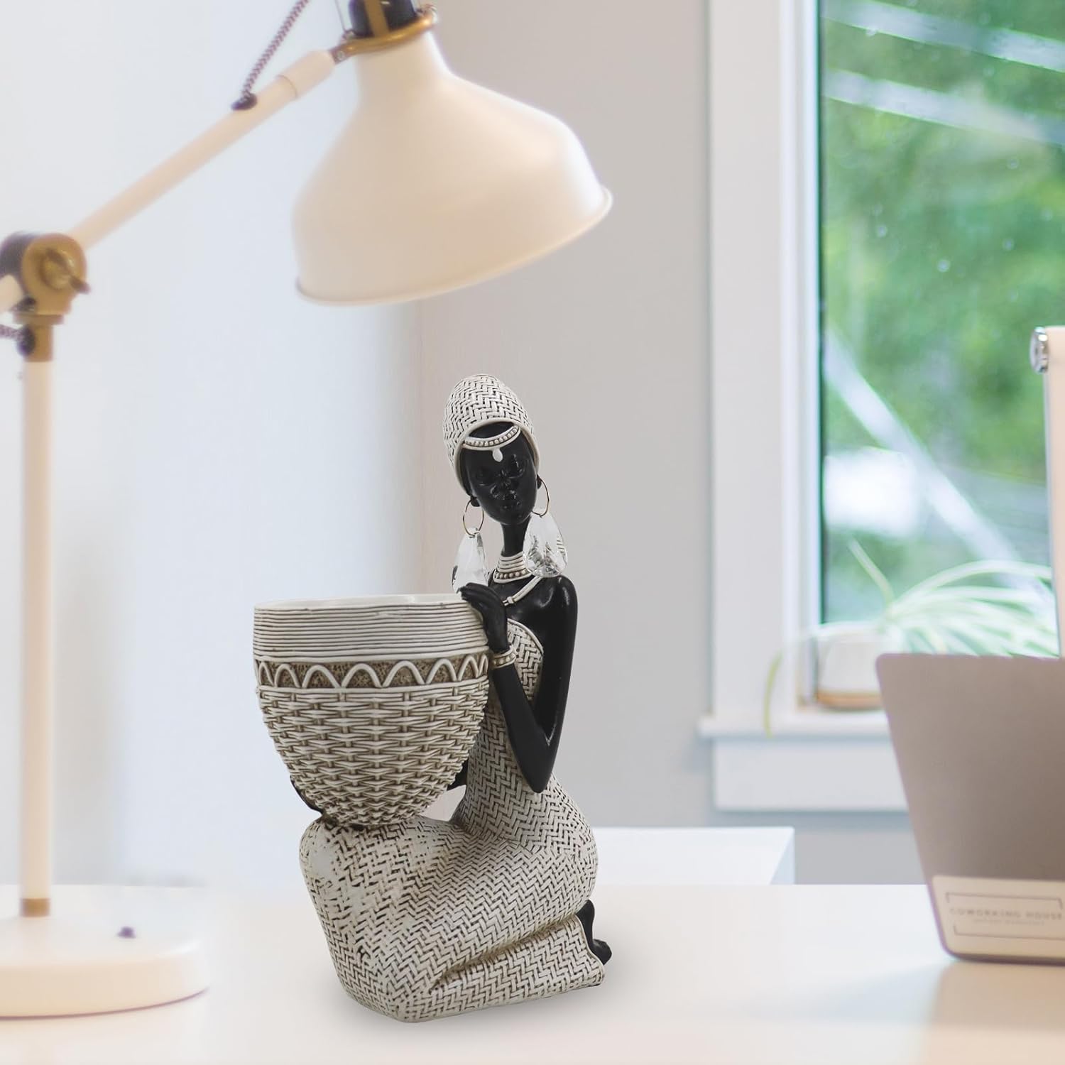 Handmade White African Tribal Woman Sculpture - Crystal Earrings & Basket Statue, Ivory Resin Home Decor for Modern Shelves/Tables, Elegant Housewarming Gift (9.65" H) - Image 4
