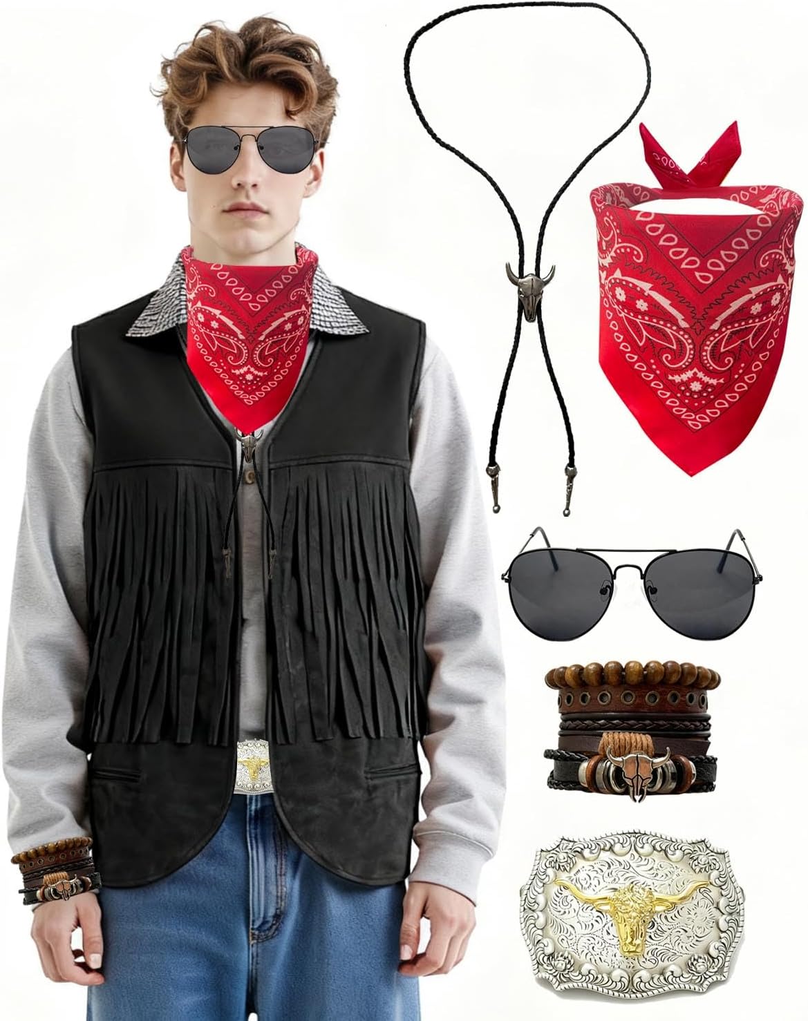Cowboy Costume Men Adult - Western Cowboy Outfit with Tassel Vest, Buckle, & Bandana for Halloween Party, Rodeo - Image 2