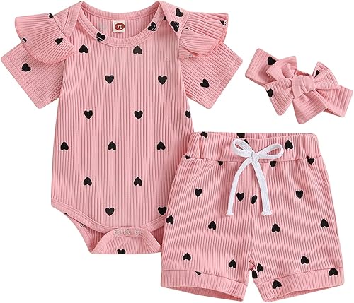 Conjunto de 3 piezas de ropa de verano para bebé recién nacida, con volantes, manga corta, cintura elástica, pantalones cortos y diadema