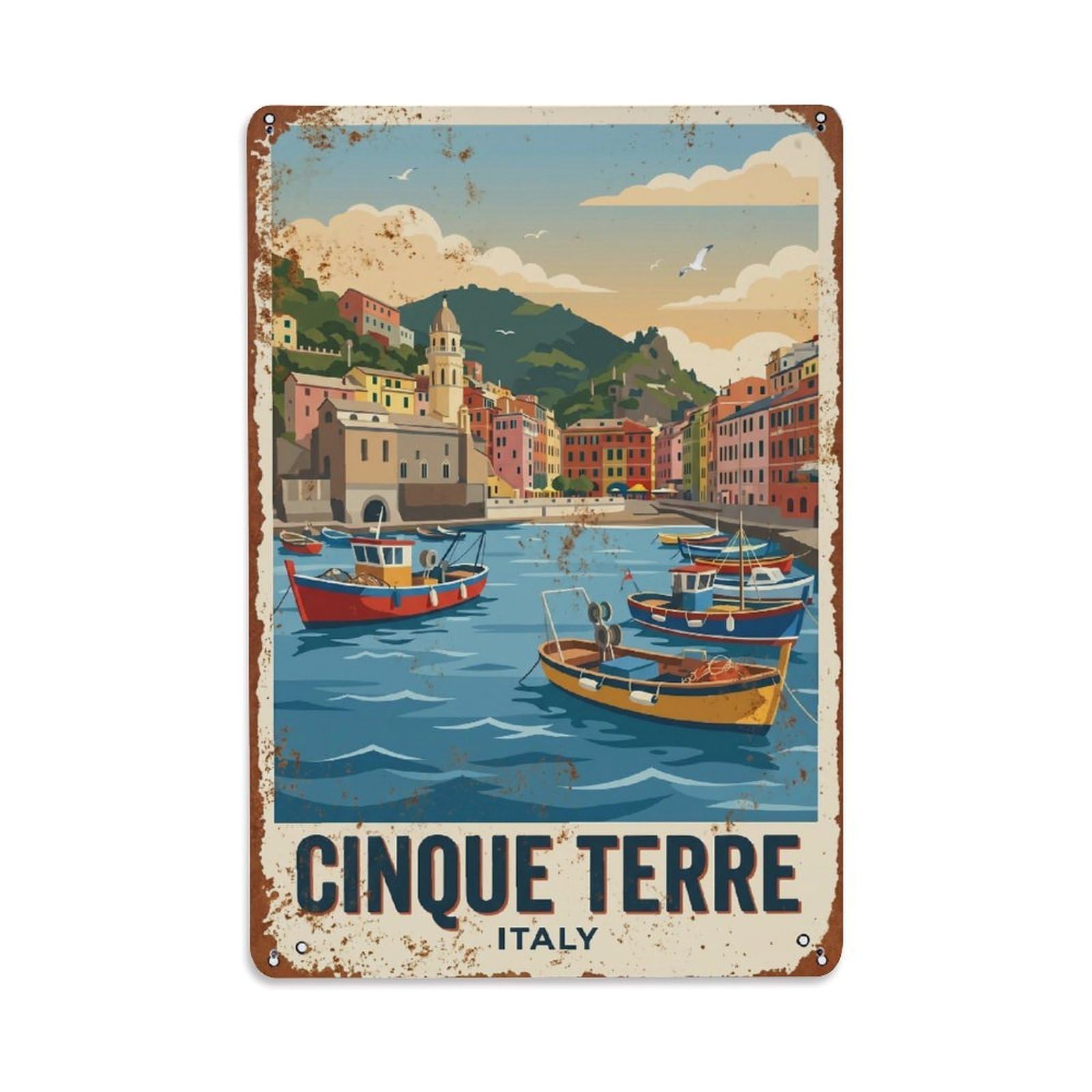 Yrnq 08X12inch Vintage Style Vintage Travel Cinque Terre Italy Harbor Metal Tin Sign