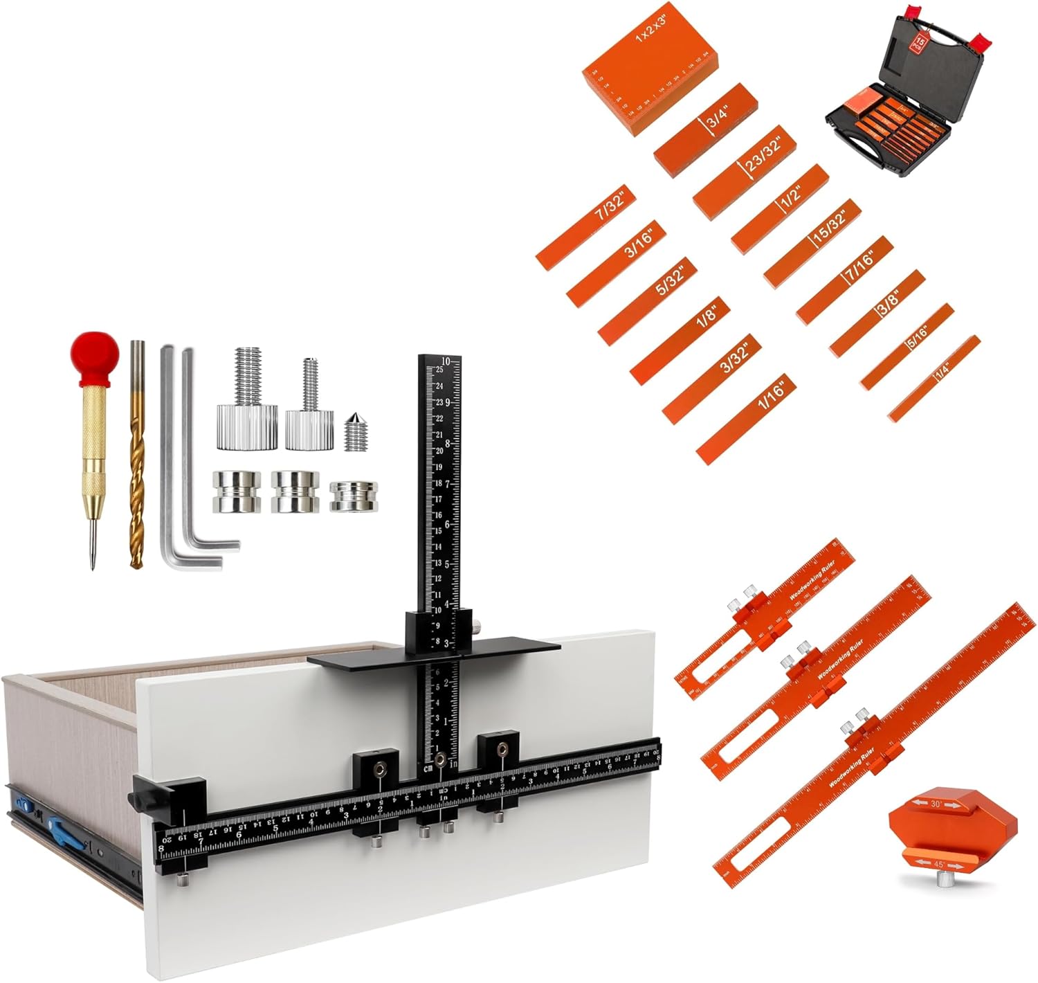 Precision Woodworking Setup Kit: Cabinet Hardware Jig Tool, Woodworking Ruler Set 3PCS(6/8/12-Inch) & GAINNEER Setup Blocks