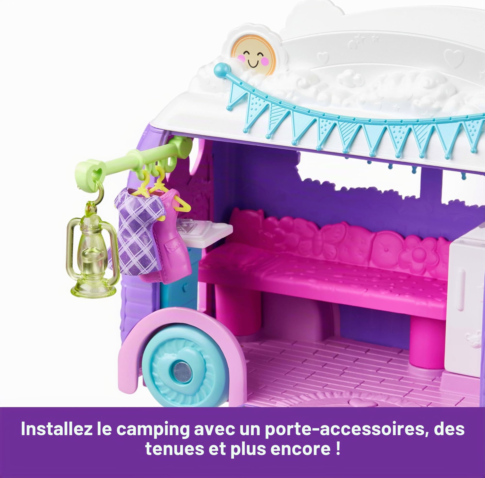 Polly Pocket Ensemble de Jeu pour poupée et Animal de Compagnie, Jouet de Voyage avec Accessoires de Camping et de Nourriture, Camping-Car Glamping