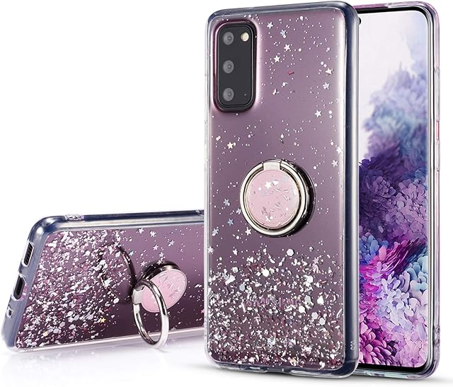DEFBSC for Samsung Galaxy S20 FE 5G Case with Ring, Glitter Sequin Clear Back Cover with 360° Rotation Ring Holder Kickstand,Soft TPU Bumper Phone Case Slim Transparent Sequin Back Case - Pink