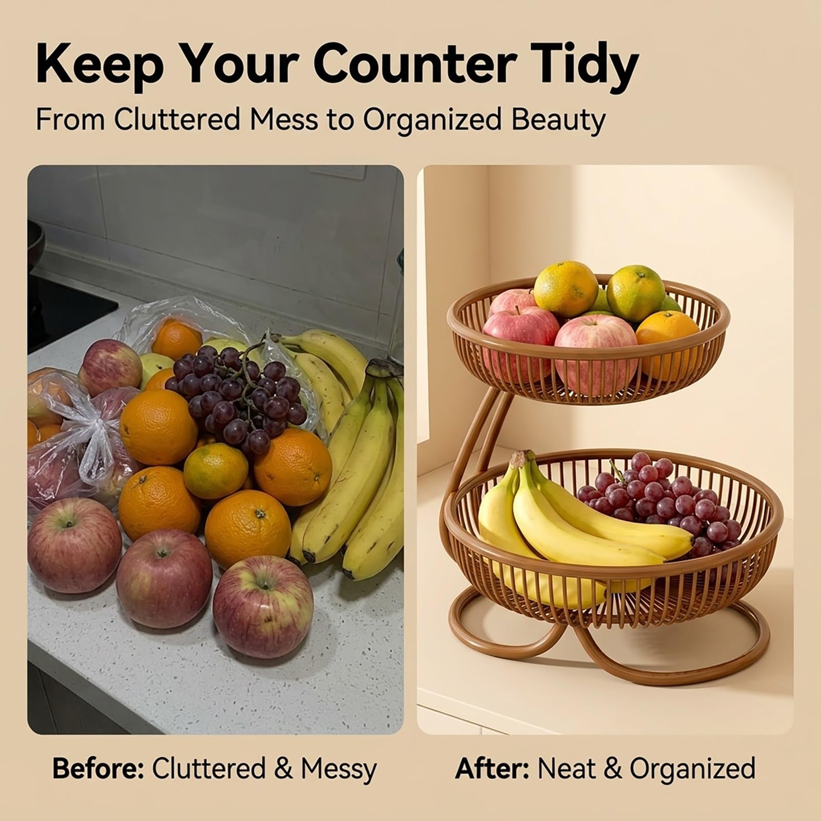 Fruteros de Cocina 2 Pisos Metal Lacado Frutero para Encimera Diseño de Una Sola Pieza Base Estable Cesta Frutas Organizador Verduras(Gold,X-Large)