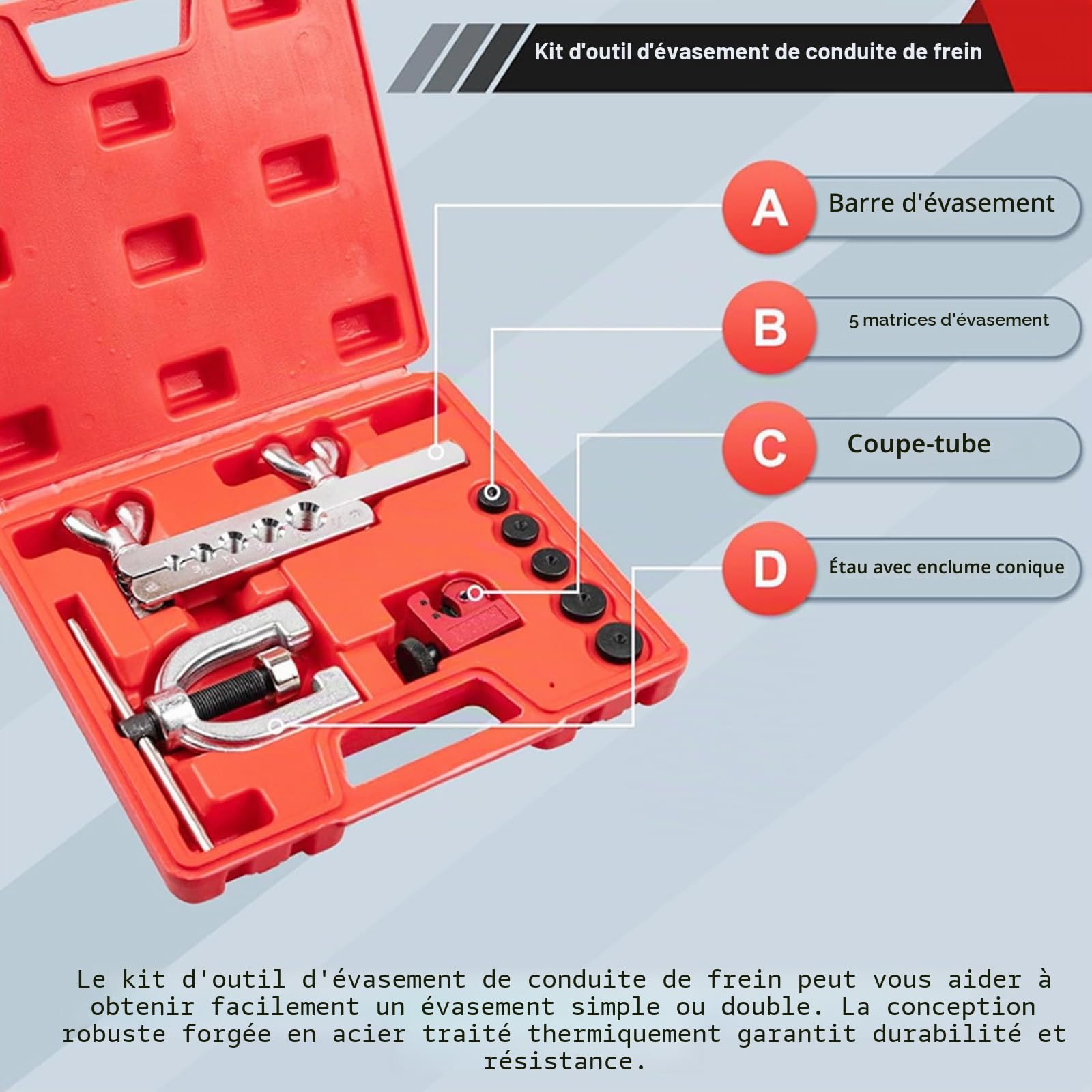 Leikurvo Kit de serrage pour conduites de frein avec outil d'expansion, outil d'expansion avec coupe-tube 3/16"|1/4"|5/16"|3/8"|1/2", outil de tuyau de frein double et simple pour atelier automobile
