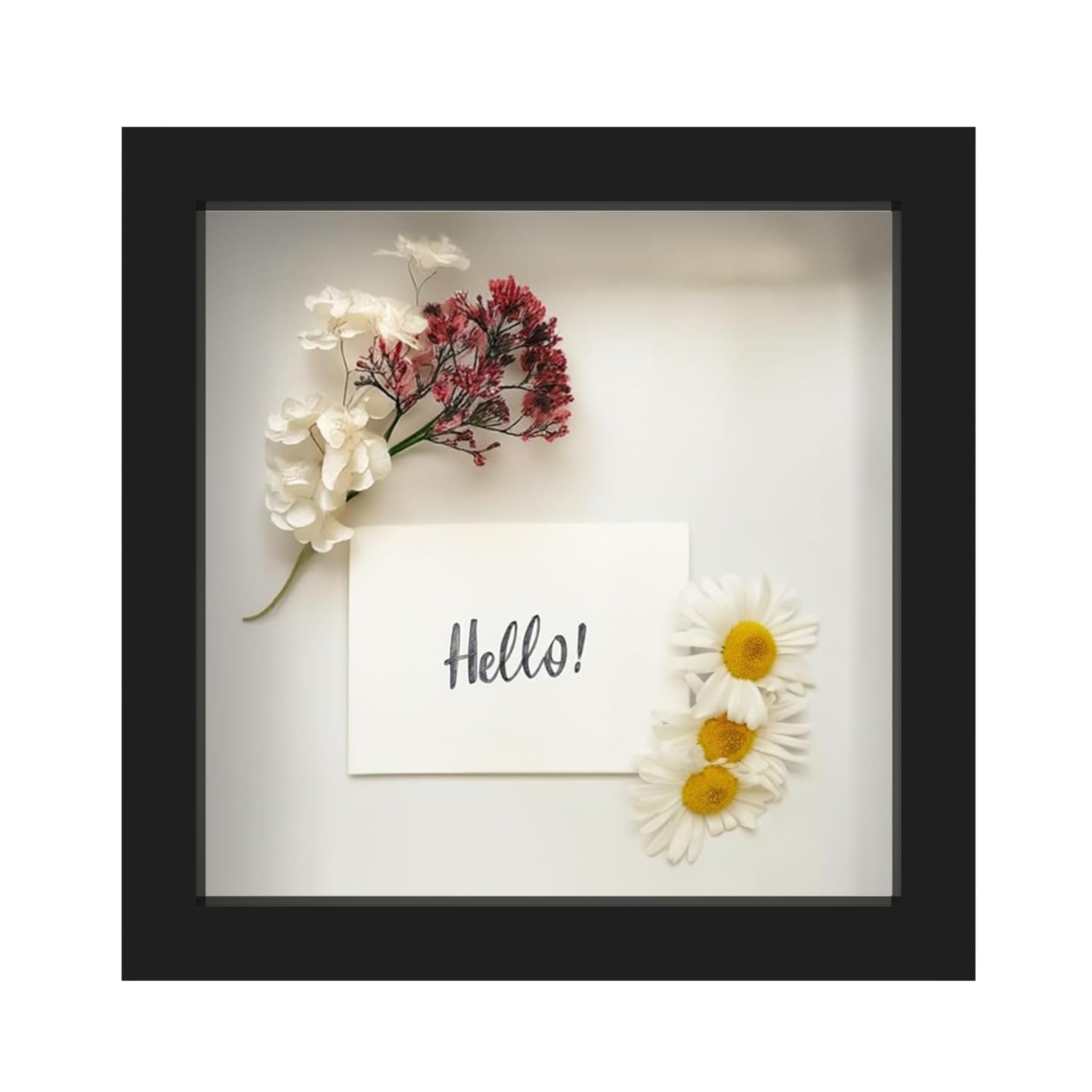 FrameWorks 8” x 8” Black Wooden Shadow Box Frame – Display Case with Soft Felt Back, Memory Box with Tempered Glass, Display Box with Elegant White Ball Push Pins, Wooden Flower Box