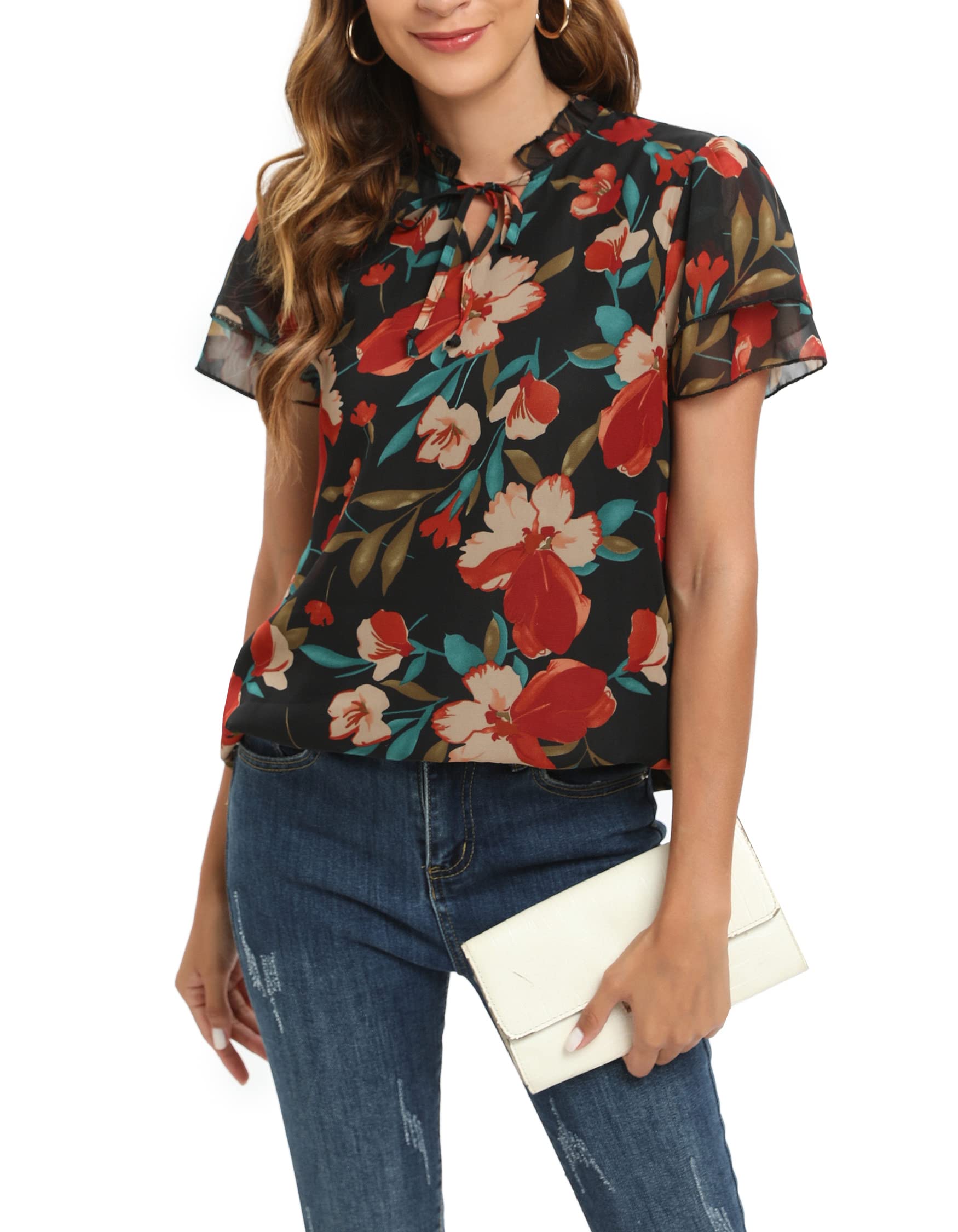 MOQIVGI Womens Ruffle Sleeve Tops Trendy Dressy Elegant Casual Frill Trim V Neck Chiffon Blouses