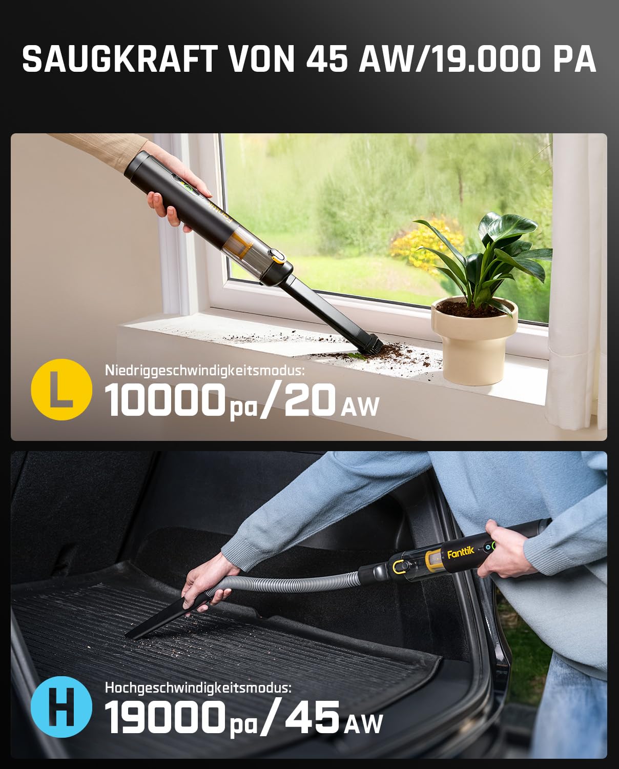 Fanttik Slim V10 APEX Kabelloser 4-in-1 Auto & Tragbarer Mini-Handstaubsauger, 19 kPa Saugkraft, Smarter Digitalanzeige, 2 Saugmodi für kleine Reinigungsarbeiten, Auto, Bürotisch, Tastaturen (Schwarz)