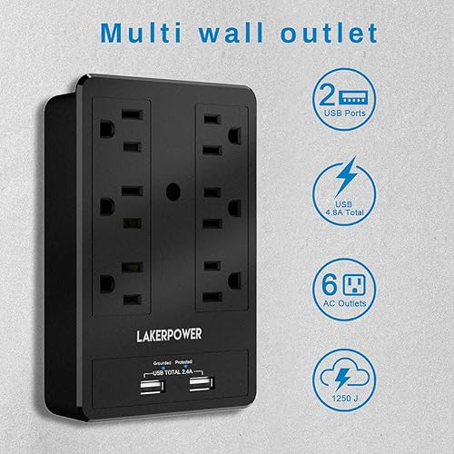Miniatura 3 de Protector de sobretensiones 8 en 1, extensor de enchufe múltiple con 6 salidas y 2 puertos de carga USB compartidos 2.4A, divisor de enchufe de