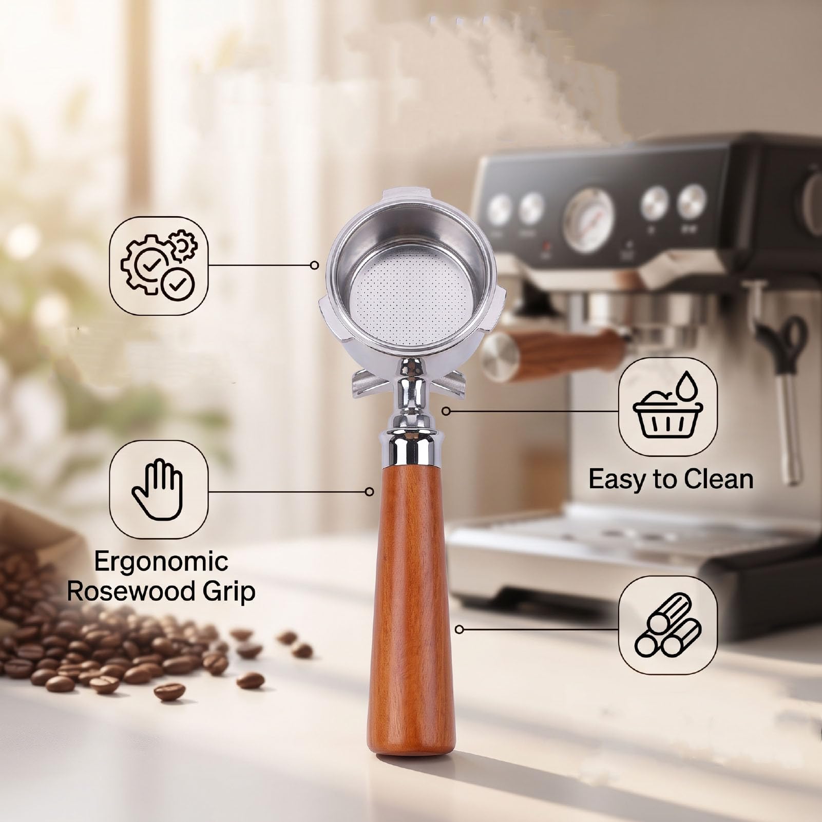 ASHATA Portafiltre à café en Acier Inoxydable 51mm avec Manche en Bois de