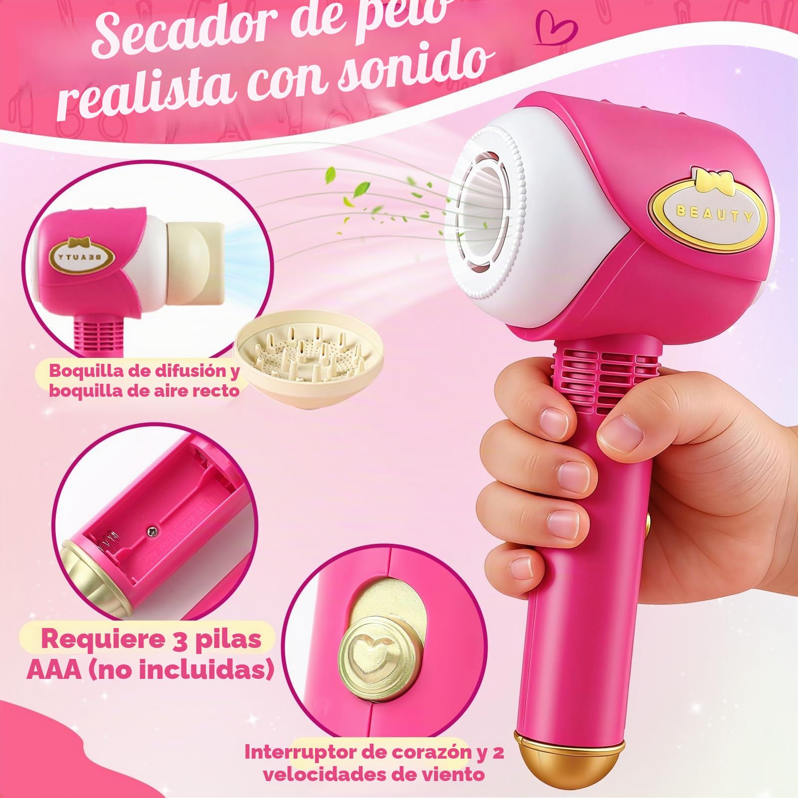 Set Peluquería Juguete Niña 3 -8 Años, con Secador de Pelo, Plancha, Rizador, Peine,Tijeras, Trenzado, Maquillaje Salón de Belleza Juguetes Juegos de Simulación Regalo para Niña 3 4 5 6 7 8 Años