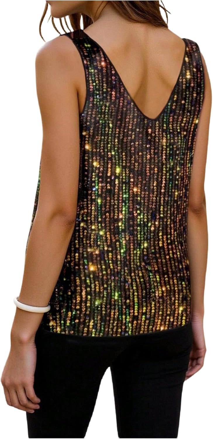 SweatyRocks Women's Sequin Casual Tank Top V Neck Sparkly Club Outfits - Image 2