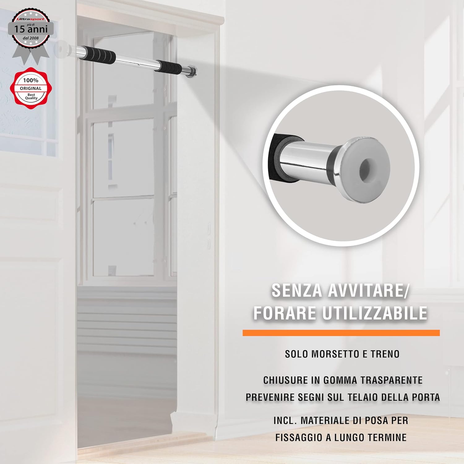 Ultrasport Barra per trazioni, barra per porte, regolabile da 66,5 cm a 93 cm, montabile senza viti, antiscivolo, tenuta sicura, maniglie in schiuma 2 Vie Barra Per Trazioni Cromo/Nero - Immagine 5