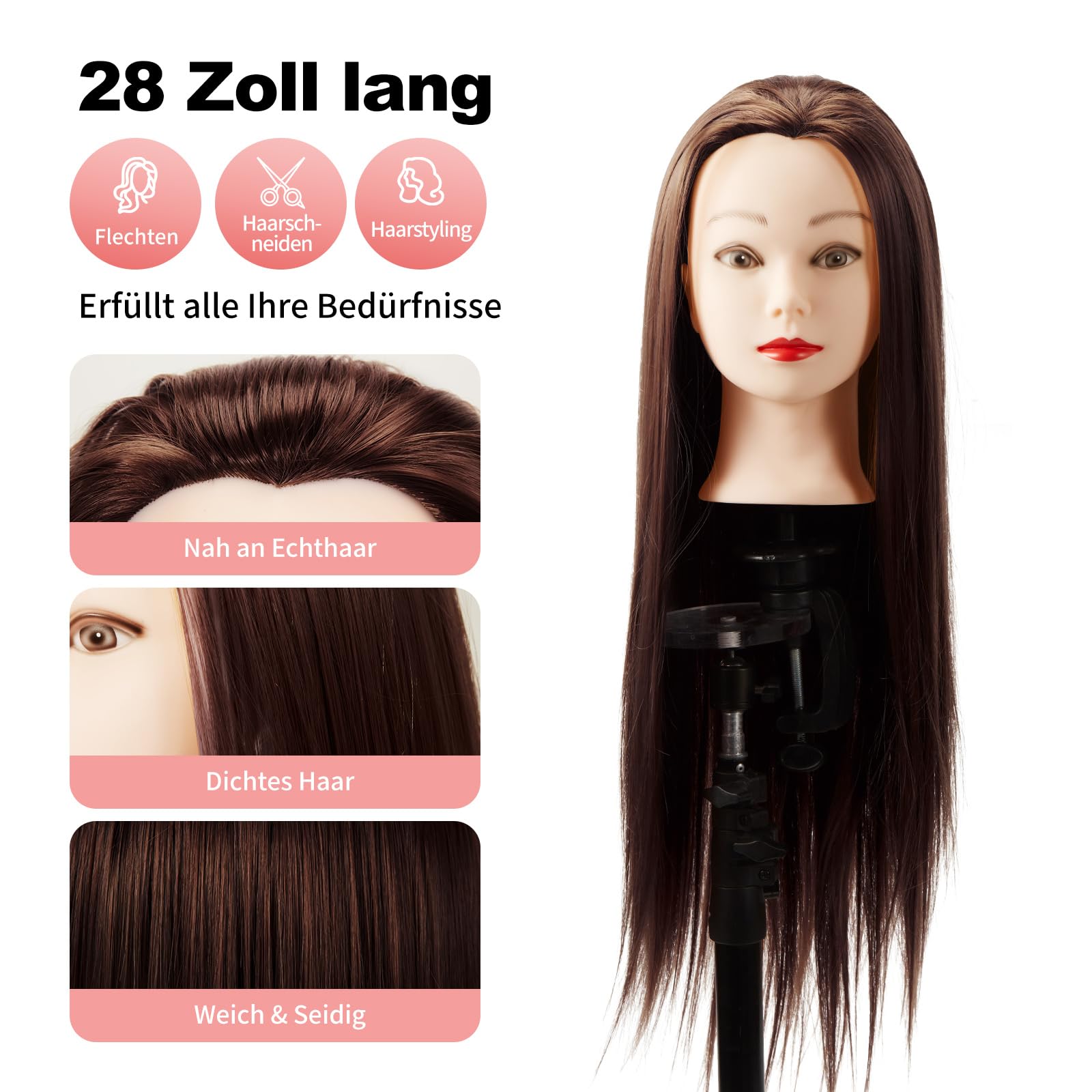 Trintion Frisierkopf Trainingsköpfe Übungskopf Friseur 28" Synthetik Haar Trainingskopf Frisurenkopf Puppenkopf Frisierkopf Halter mit DIY Haar Zubehör Styling Set (28" Dunkelbraun+Kammset)