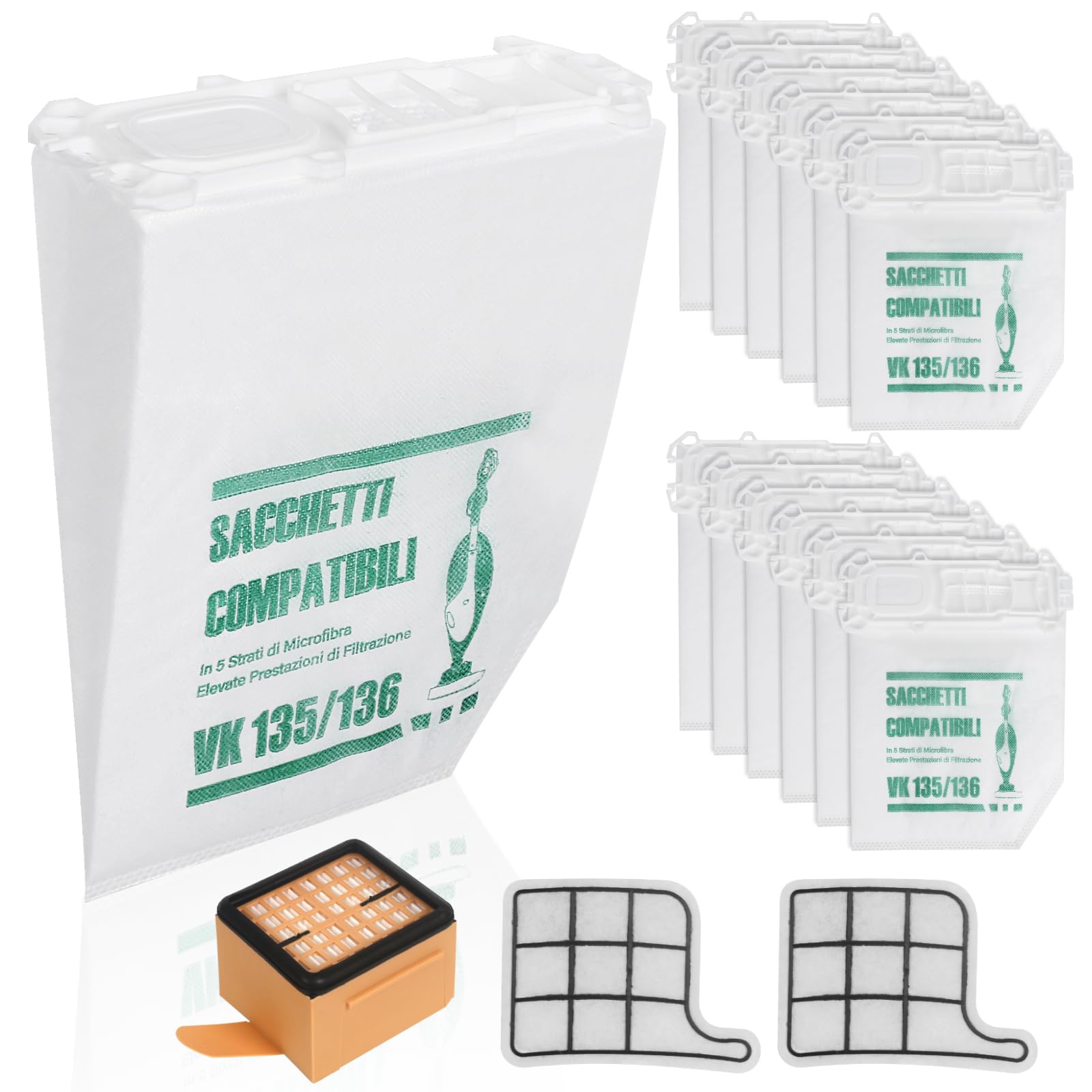 12 Staubsaugerbeutel für Vorwerk Kobold VK135 VK136 Mit 2 Motorschutzfilter +1 Hygienefilter, Premium Zubehör-Set für VK135/136 FP135/136 Vorwerk Staubsauger