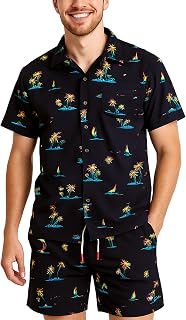 Mens Beach Outfit Set - 2 Piece Short Sleeve Button Down Hawaiian Shirt for Men and Mens Swim Shorts Set