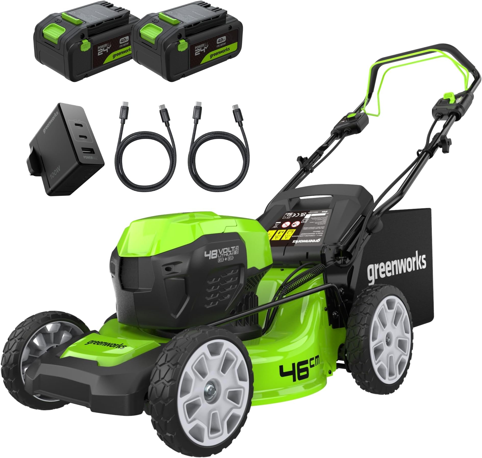 Greenworks 48V (2x24V) Self Propelled Cordless Lawnmower for Large Lawns up to 480m2, 46cm Cutting Width, 55LBag PLUS Two 4Ah Batteries and Twin Charger, 3 Year Guarantee GD24X2LM46SPK4X