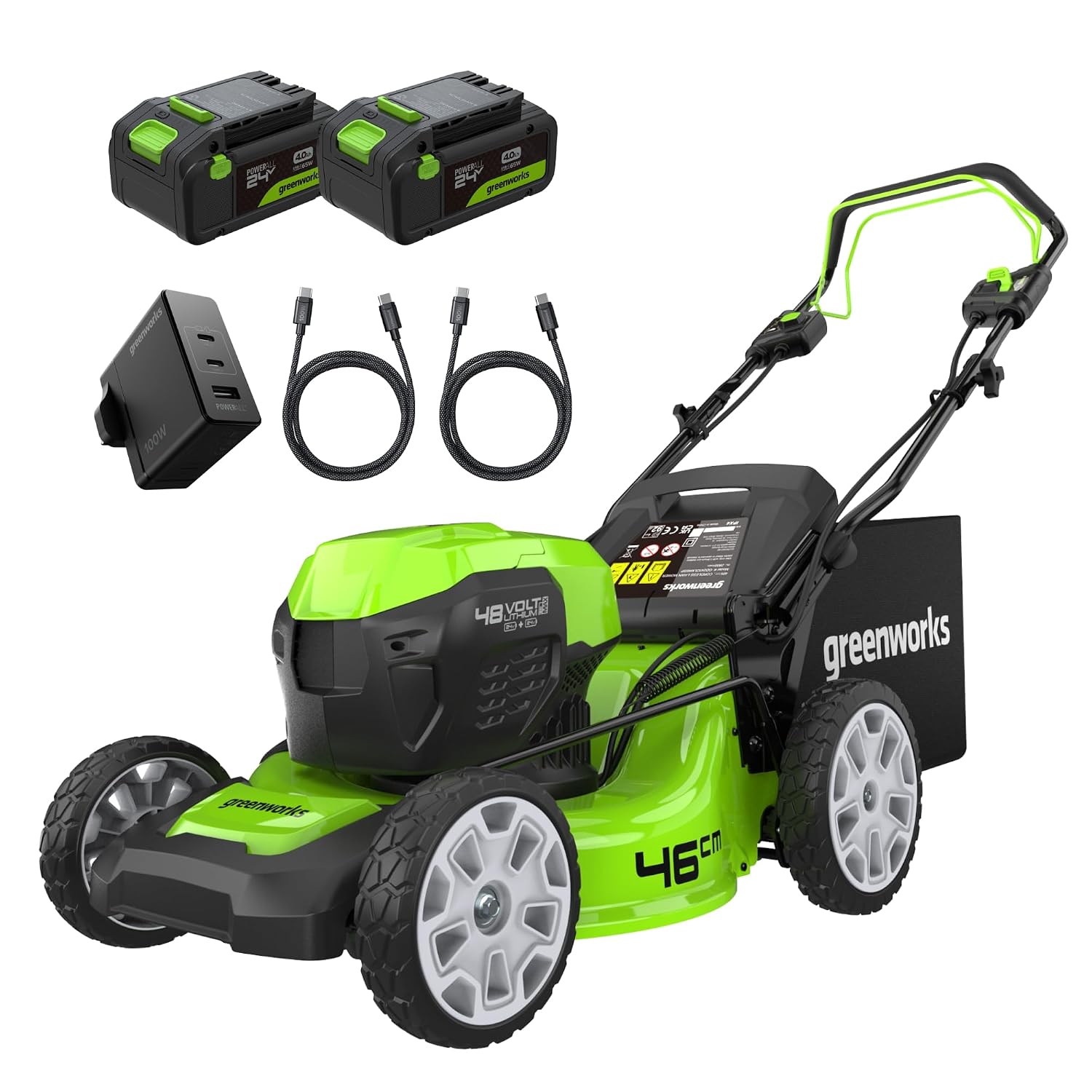 48V (2x24V) Self Propelled Cordless Lawnmower for Large Lawns up to 480m2, 46cm Cutting Width, 55LBag PLUS Two 4Ah Batteries and Twin Charger, 3 Year Guarantee...