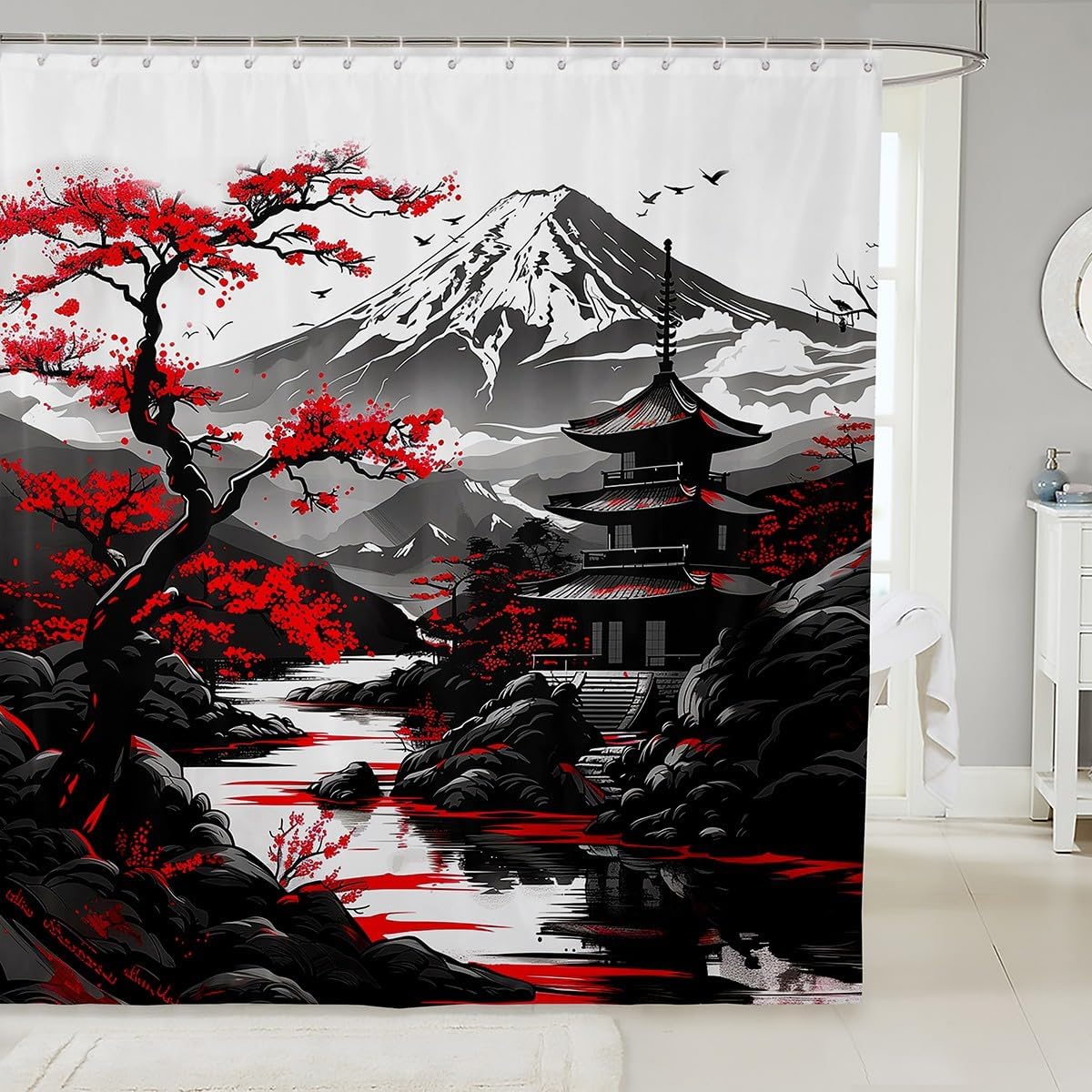 UFGFYTT Japanese Ink Wash Shower Curtain Waterproof Washable, 180x240cm(WxL) Mt Pagoda Red Maple Bath Curtain With Hooks, Asian Landscape Bathroom Decor, Moisture Proof Bathtub Curtain