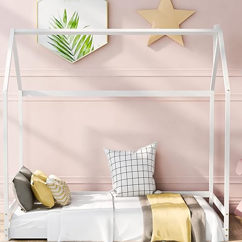 Miniatura 3 de Montessori - Cama tamaño individual para niños, cama de casa para niños pequeños con techo, base de cama de madera para suelo, mueble de dormitorio