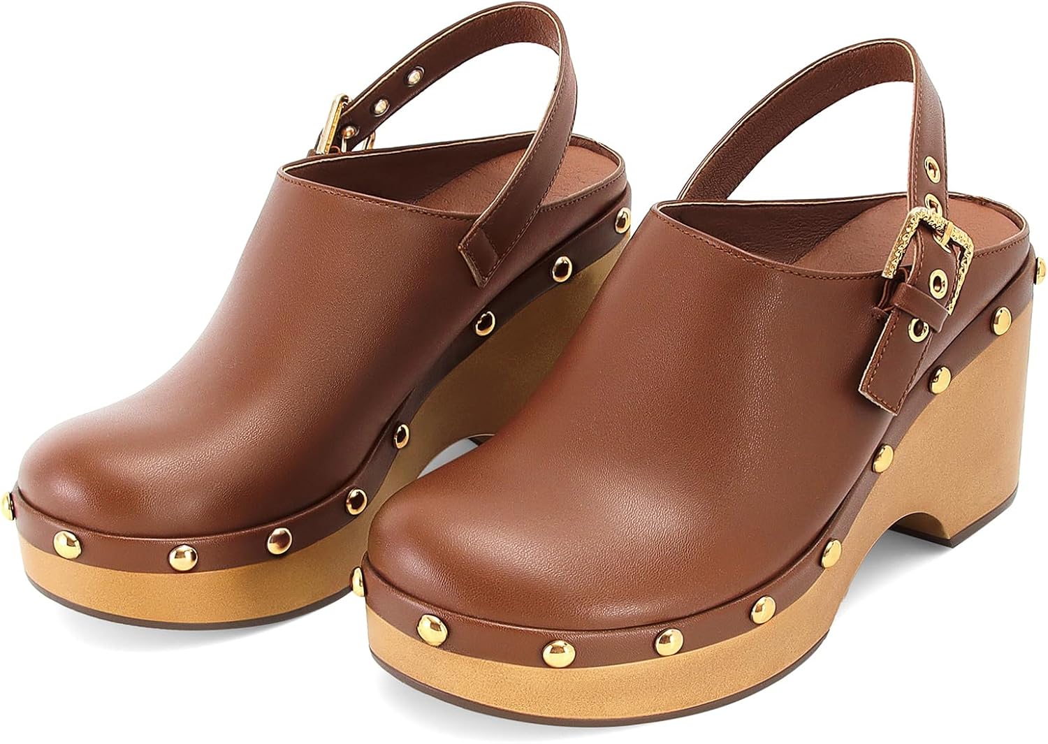 Women’s Leather Studded Clogs Closed Toe Slip on Vintage Platform Mules Wedge Heel Fall Buckle Slingback Shoes Daily Comfortable Casual Slides Shoes - Image 4