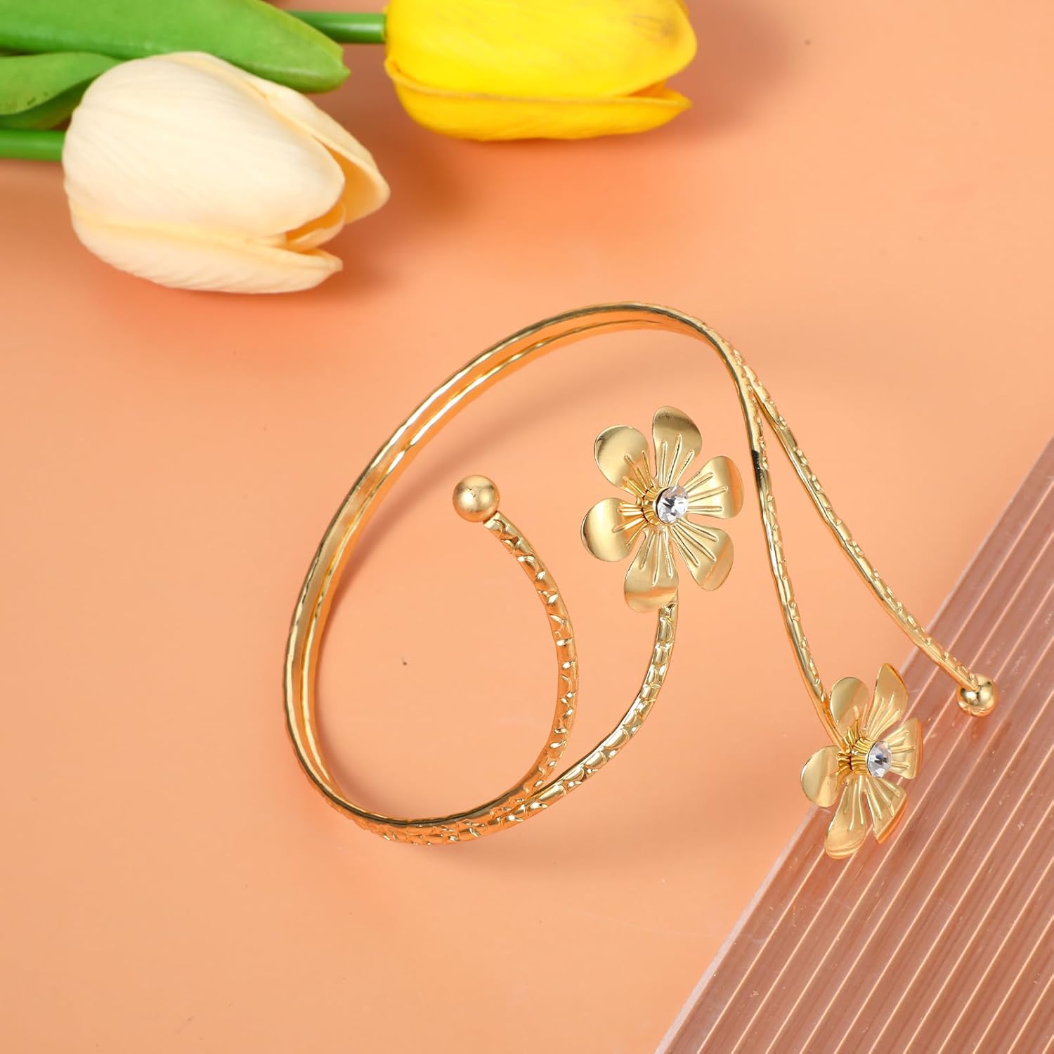 Gold Arm Cuff Rhinestone Flower Arm Bracelet Upper Arm Adjustable Coil Arms Bangle Boho Armband Friendship Gift for Women - Image 5