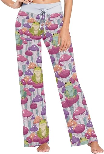 Womens Comfy Long Pajama Pants, Fashion Frogs Sit on Magic Mushroom Loungewear High-Waist Drawstring Yoga Pjs Daily Bottom