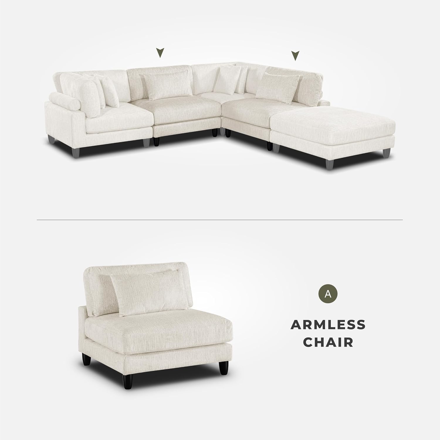 Lexicon Modular Sectional Sofa for Living Room, Microfiber Upholstery Armless Chair with Pillow, Units of Modular Sectional Couch, Upholstered Chair for Customizable Sectional Sofa Couch, Beige