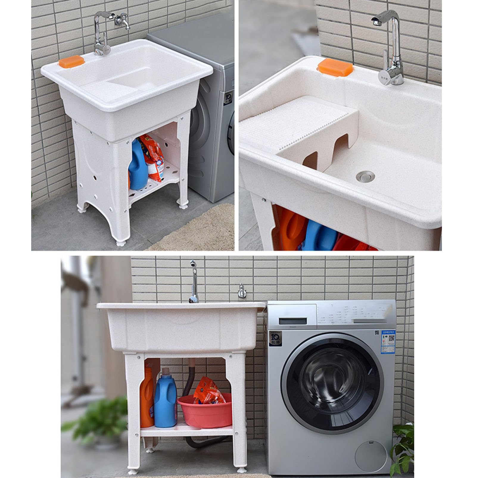 Fregadero para lavandería con Grifo, Fregadero Independiente, Lavabo de plástico para Limpieza, Lavabo Interior y Exterior para Lavar Ropa a Mano, Fregadero para estación de Lavado de Garaje