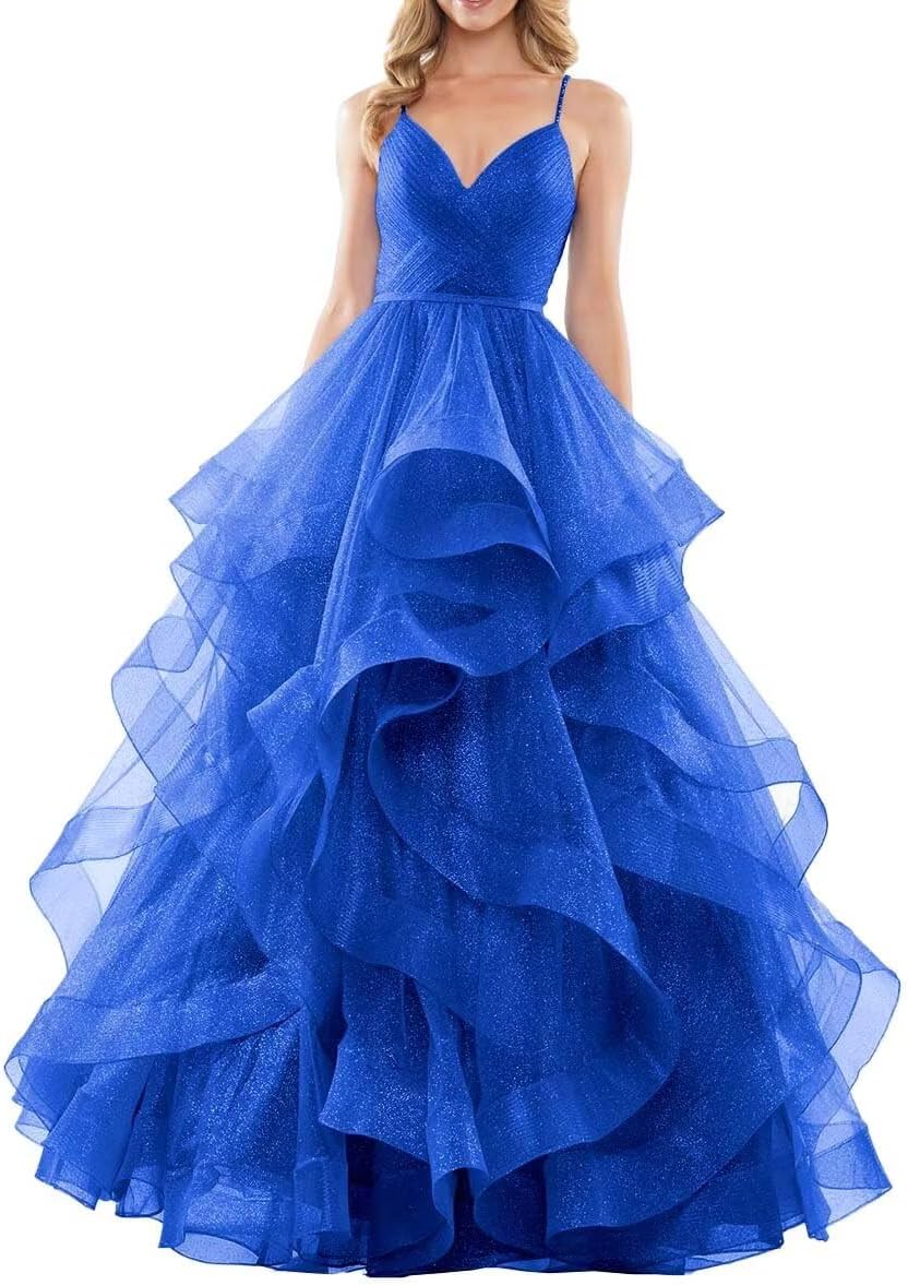 Glitter Tulle Prom Dresses for Women Tiered Ruffle Ball Gowns Spaghetti Straps V Neck Formal Evening Party Dress