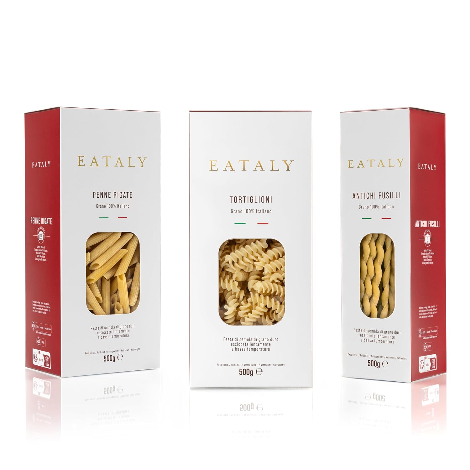 Eataly Ridged Favorites Pasta Bundle Pack- Antichi Fusilli, Tortiglioni & Penne Rigate, 3-500g (17 oz.) Boxes- 1 Each