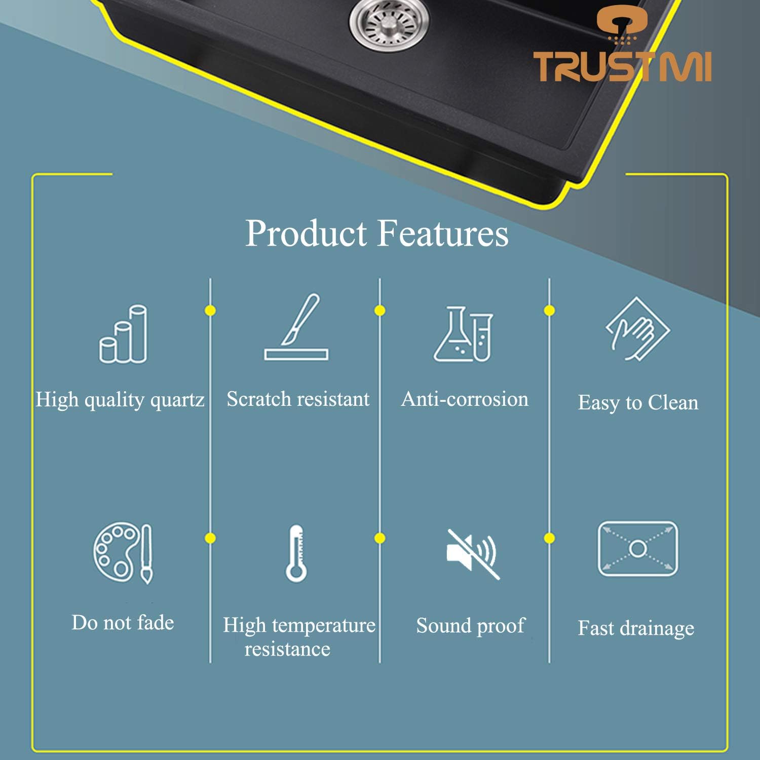 Super Deal Product TRUSTMI 23 x 19 Inch Quartz Kitchen Bar Sink Top Mount Drop In Single Bowl with 1 Faucet Hole, Black Get Discount 70% Price TRUSTMI 23 x 19 Inch Quartz Kitchen Bar Sink Top Mount Drop In Single Bowl with 1 Faucet Hole, Black