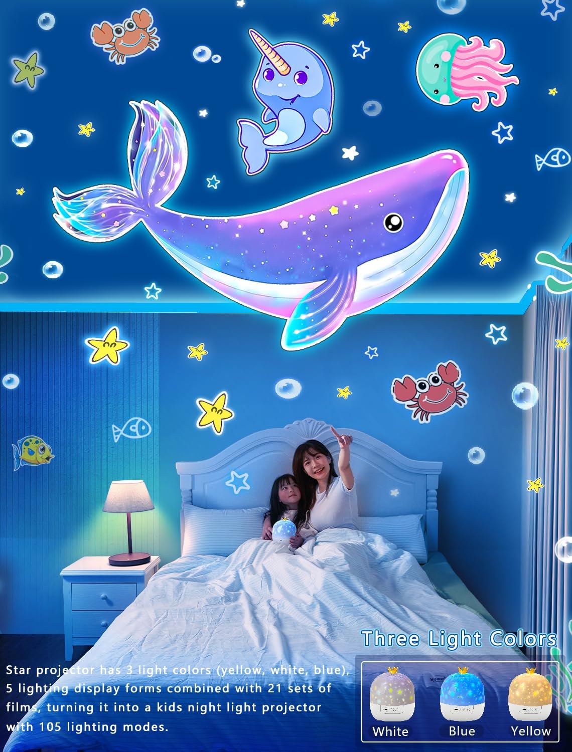 Projektor Nachtlicht für Kinder + 21 Sets Filme, Kinder Nachtlicht Projektor für Schlafzimmer, Decke, Stern Galaxie Projektor mit 360° Drehung, Dimmbar für Baby Mädchen, Weihnachten, Kinderzimmer