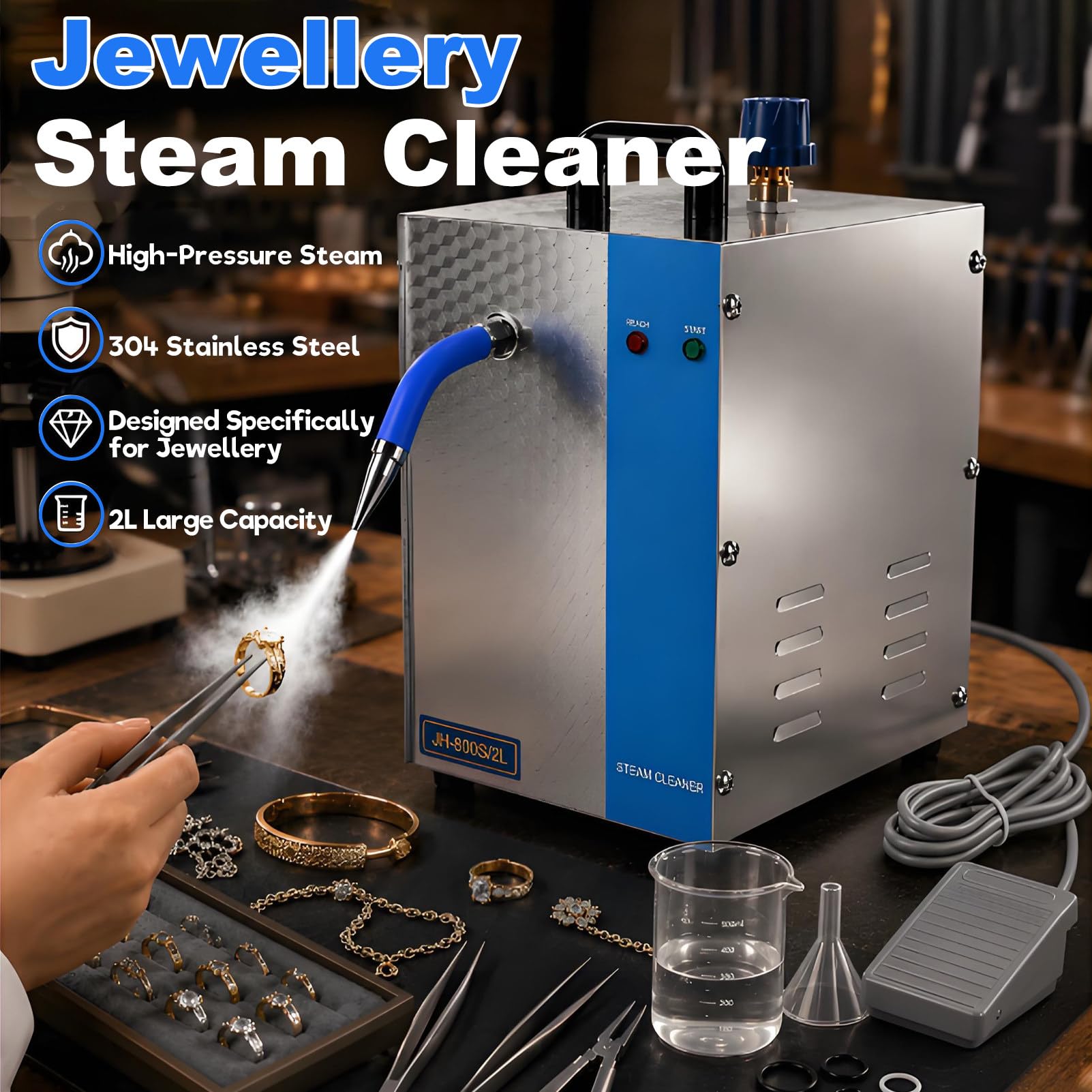 Limpiador a Vapor para Joyas, Alta presión a 135 °C, Limpiador eléctrico Profesional, para Anillos, Pendientes, Collares, Gafas, Relojes, Monedas y dentaduras postizas. 3LHandheld