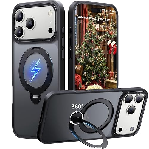 Peerock 360° Spin Magnetic Stand for iPhone 17 Pro Case, Fit for MagSafe, Mil-STD Protective Case for iPhone 17 Pro Phone Case with Kickstand Rotatable 6.3 inch, Black