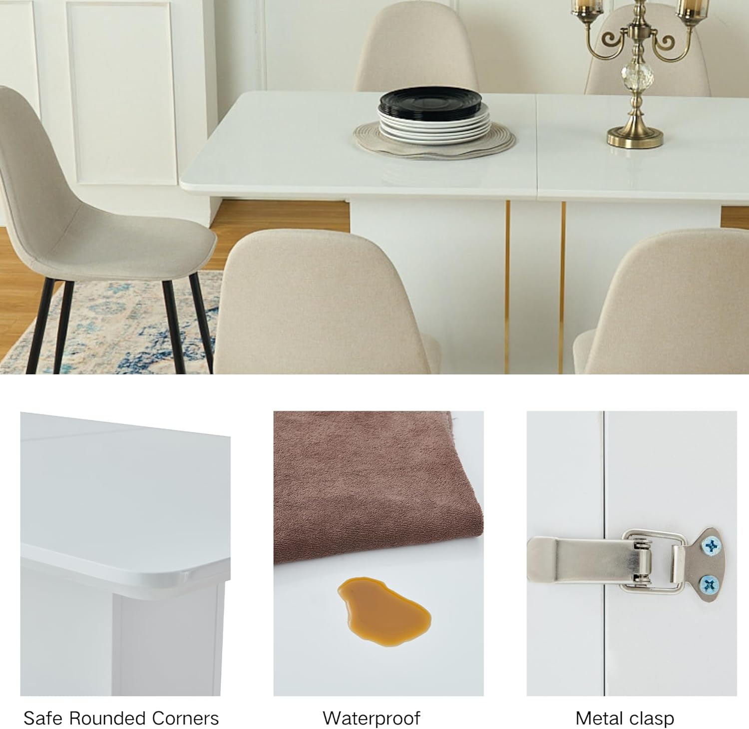 Homy Casa White High Gloss Extendable Dining Table with Black PU Chairs for 6-8 Persons, 63-80.7" Contemporary Wooden Table Set for Dining Room, Conference Room, Reception Area, White (Table)