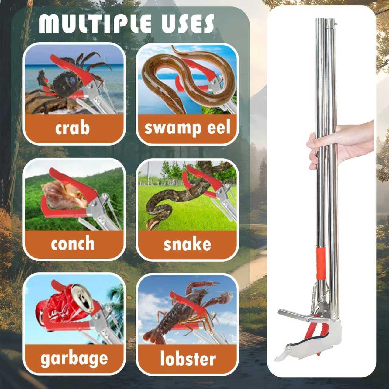 59" Snake Grabber Tool,Rubber-Jawed Locking Reptile Tongs for Rattlesnakes,Long Reach Folding Snake Catcher for Outdoor,Multi-Functional Hook,Pole
