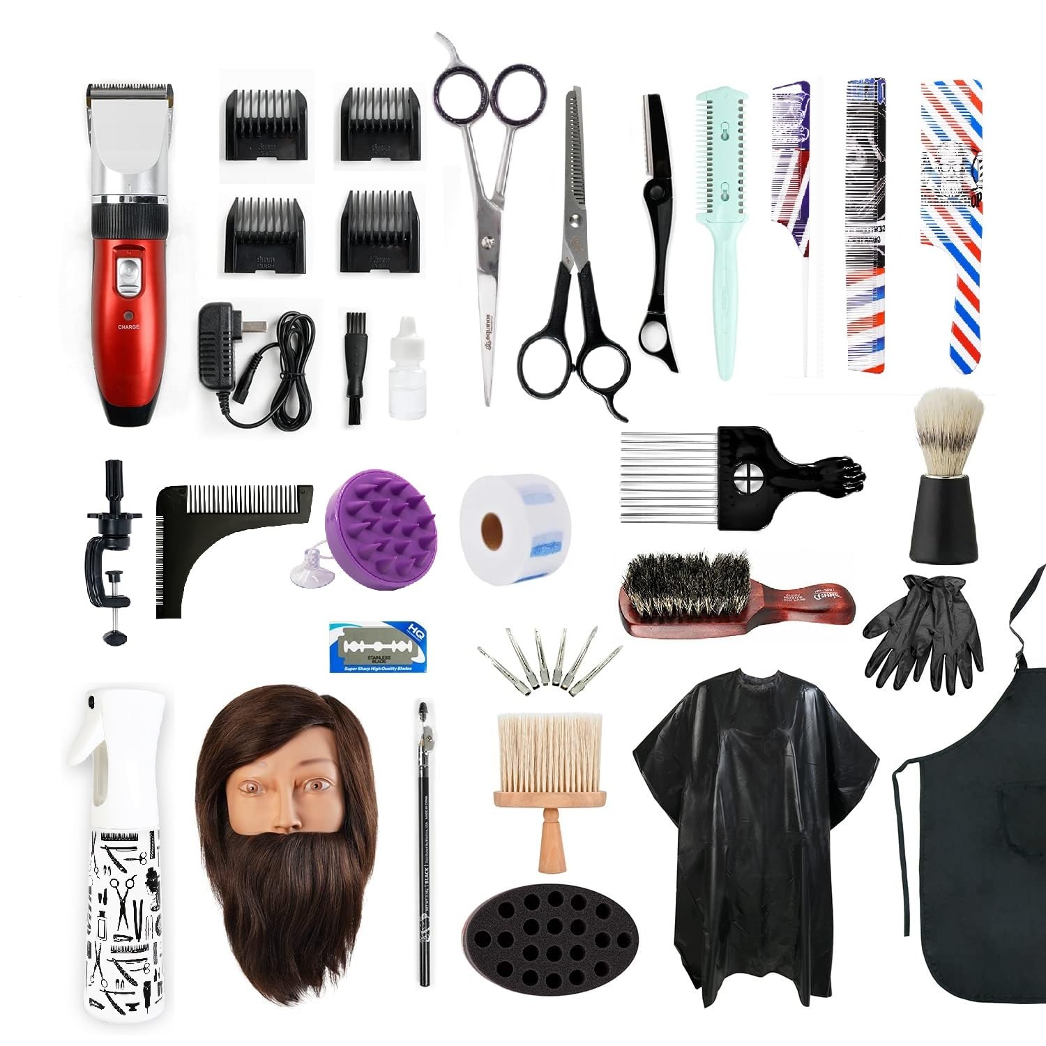 STUDIO LIMITED Barber Starter Kit, Hair Clipper & Accessories, Barber Tools for School Practice with Mannequin Head, Beginners Cutting & Styling Set (25 Pcs)