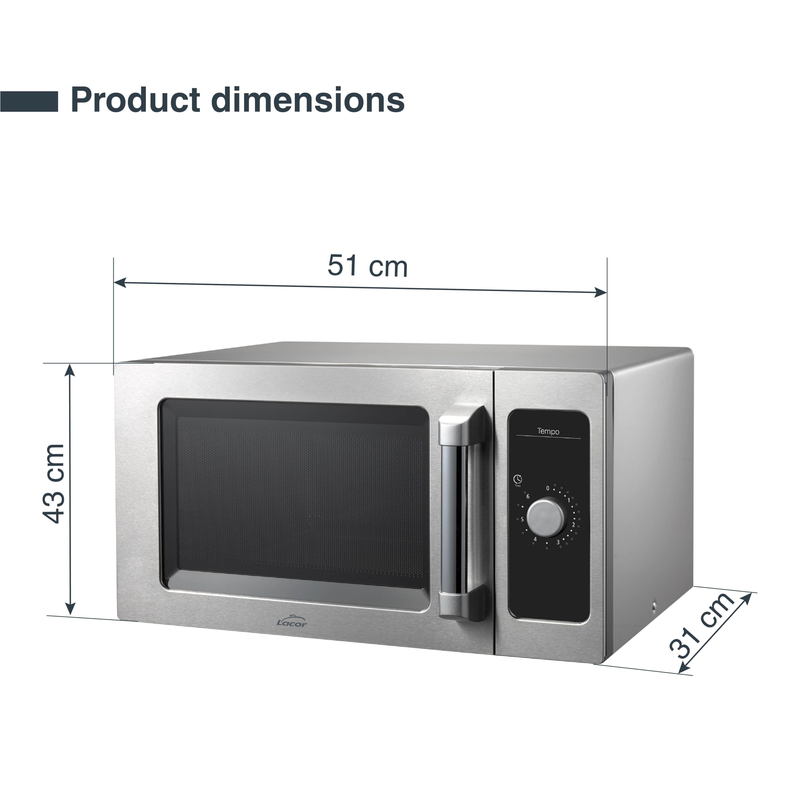 Lacor - 69329 - Microonde Tempo, Acciaio Inox 18/10, Riscaldamento Omogeneo, 1550 W, Uso Professionale, Cavità Interna in Acciaio Inox, Adatto per Piatti Grandi, 51x43x31 cm.
