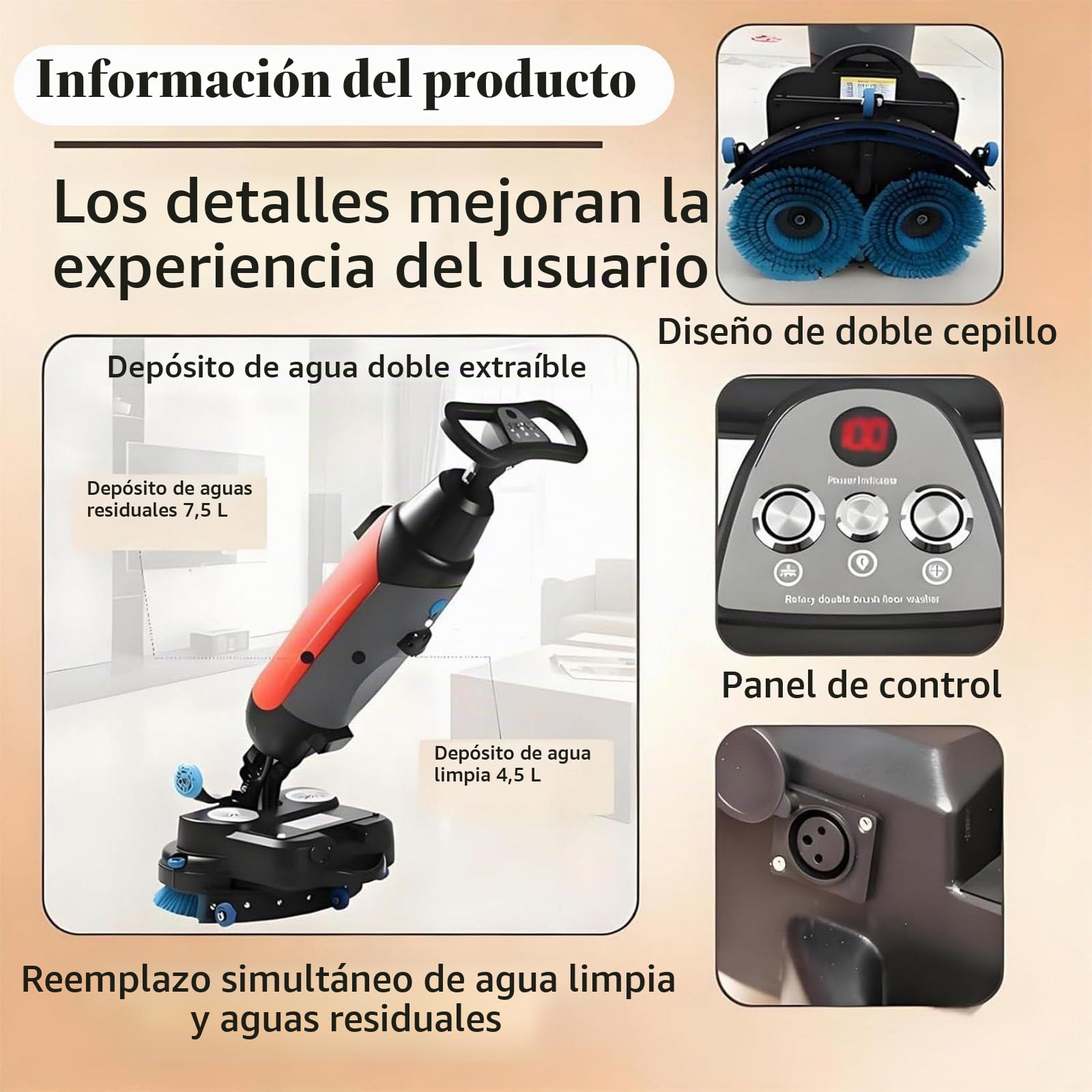 Lavadora de Pisos Comercial, Fregadora de Suelos Profesional, Cepillo Rotativo 360°, Fregadora Sin Cable, Limpieza Húmeda y Seca, Capacidad de Limpieza de 13000 pies²/h Grey
