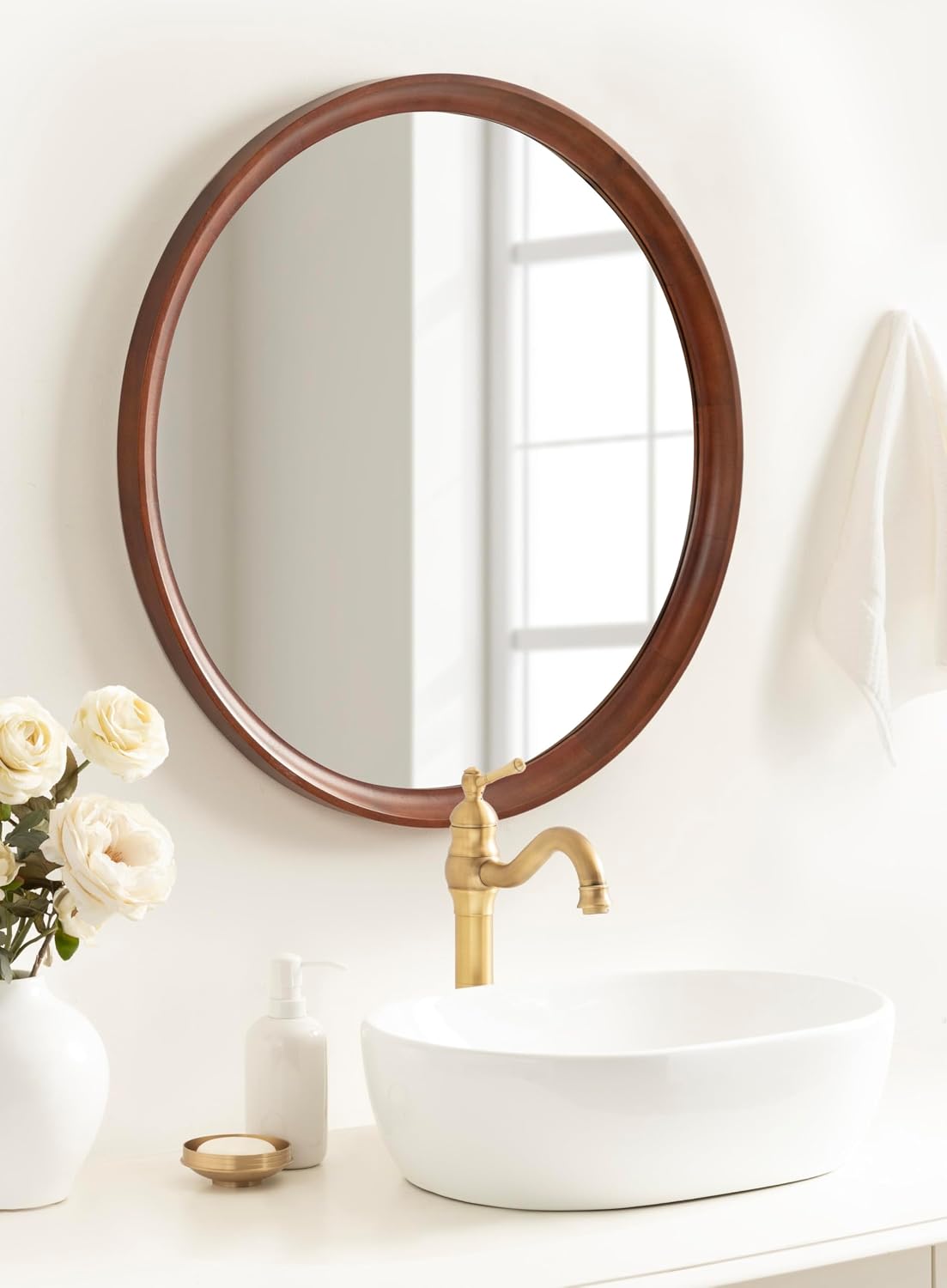 Kate and Laurel Hatherleigh Modern Mid-Century Round Wooden Wall Mirror, 30 Inch Diameter, Walnut Brown, Decorative Wood Circle Wall Accent for Use as Bathroom Mirror for Over Sink