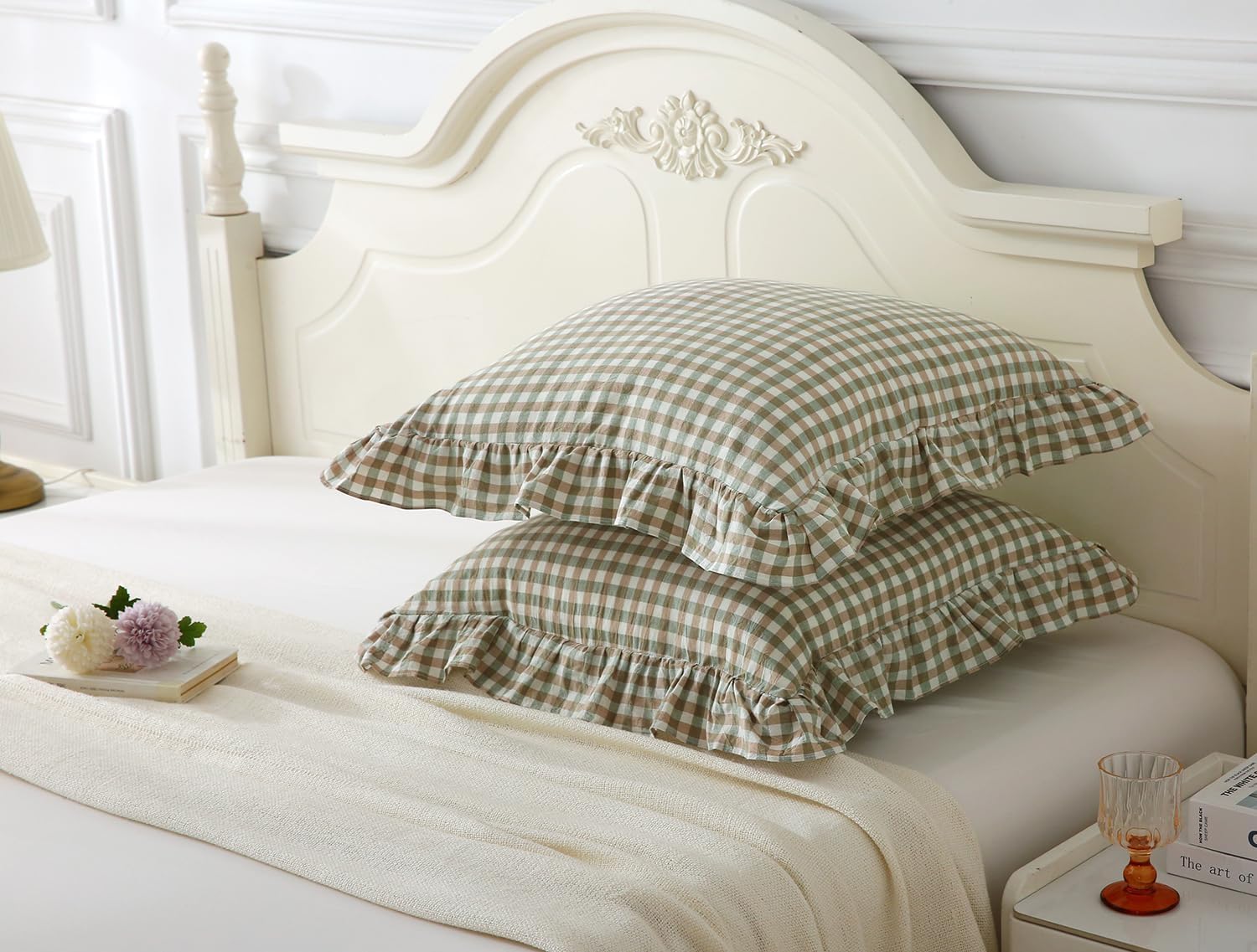 2 Pack Sage Green Plaid Ruffle Throw Pillow Covers 18x18 inches, 100% Washed Cotton Gingham Checkered Farmhouse Pillow Shams for Bed/Sofa (18x18 inches, Sage Green Gingham)