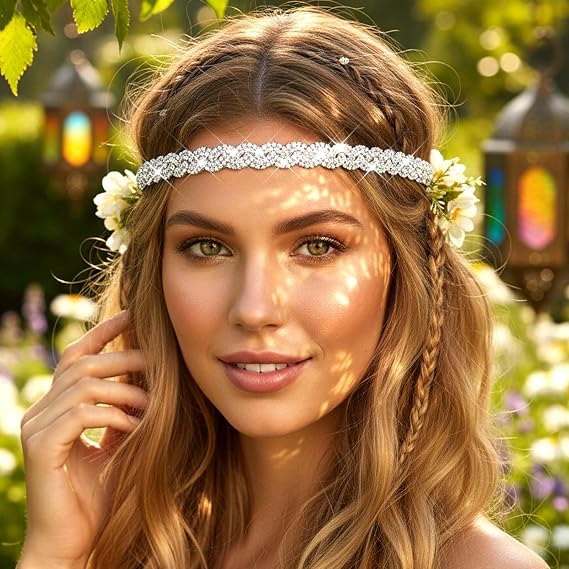 Fstrend Elastic Rhinestone Headbands, Carnival Rave Hair Accessories, Sparkly Crystal Braid Headpiece for Women (Silver A, M)