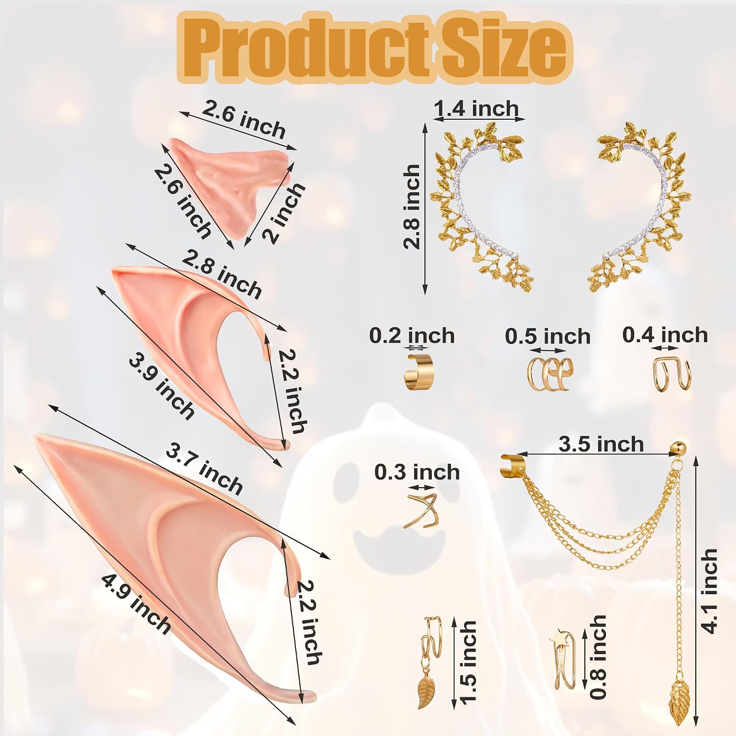 KYLELOVE Elf Ears with Piercings Set for Cosplay 3 Pairs Fairy Pixie Soft Ears with Moon Cuffs Fairy Ear Elf Earring for Adult Women Costume Party Photoshoot