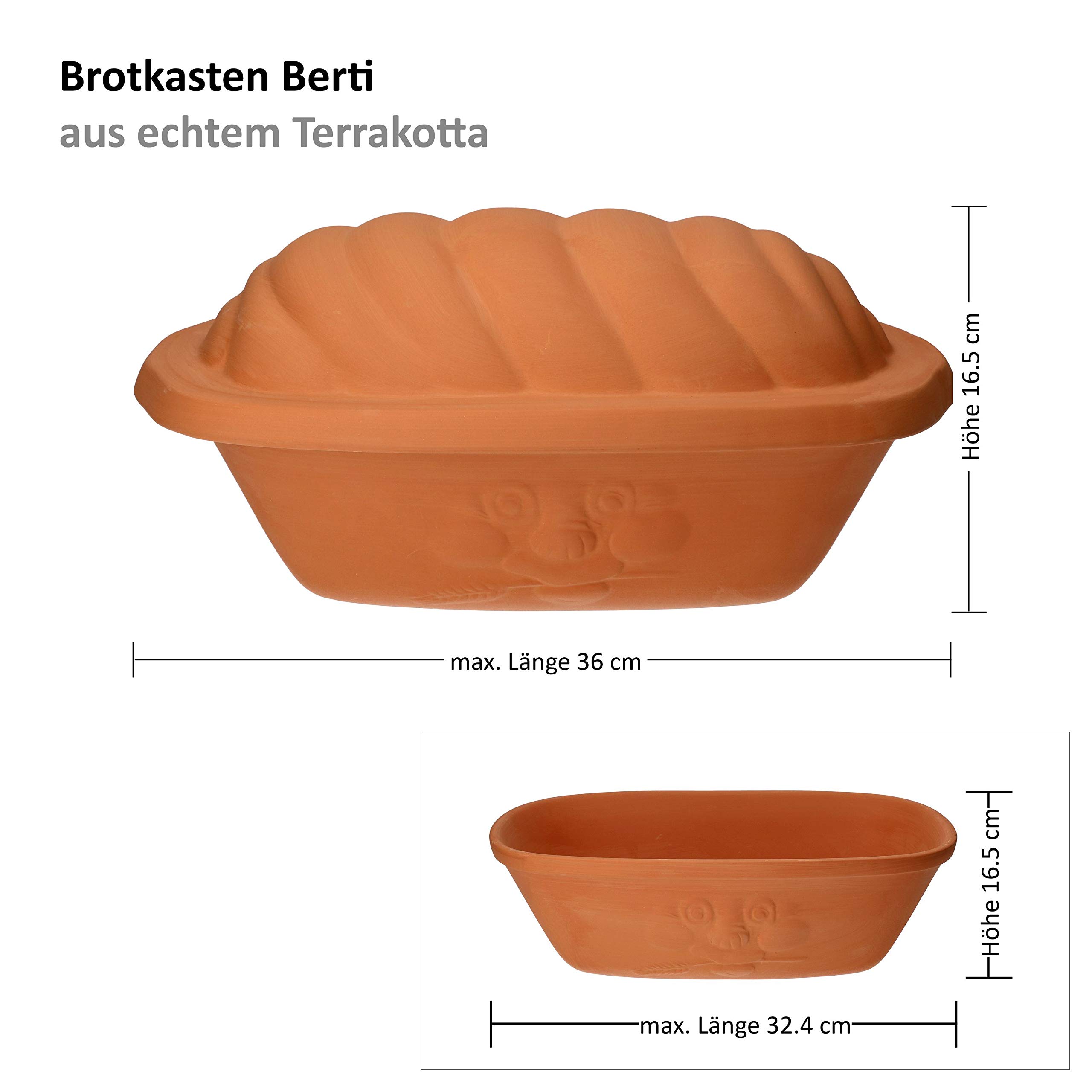 MamboCat Terrakotta-Topf Berti zur Brot-Aufbewahrung I 100% Natur Ton-Behälter mit Deckel hält Toast & Brötchen länger frisch I Ton Brotbox großer Keramik-Brotkasten unglasiert 16,5X 24,3X 36cm