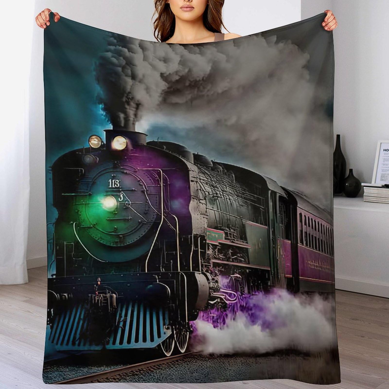 Couverture train à vapeur en flanelle douce de 180×200cm pour lit et canapé