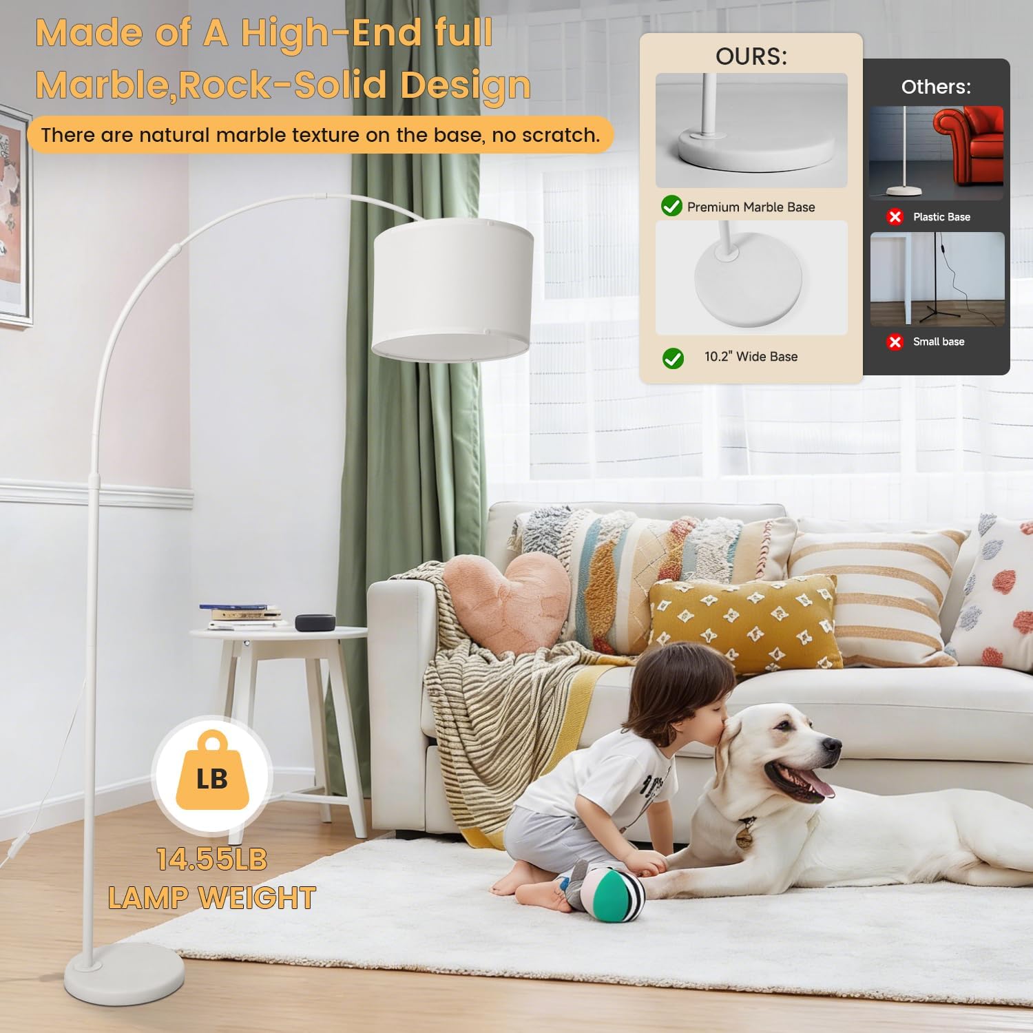 White Arc Floor Lamp with Marble Base, Modern Standing Floor Lamp with Adjustable Height Rotating Head, Tall Pole Lamp with Linen Shade, Over Couch Reading Light for Living Room Bedroom Office Corner