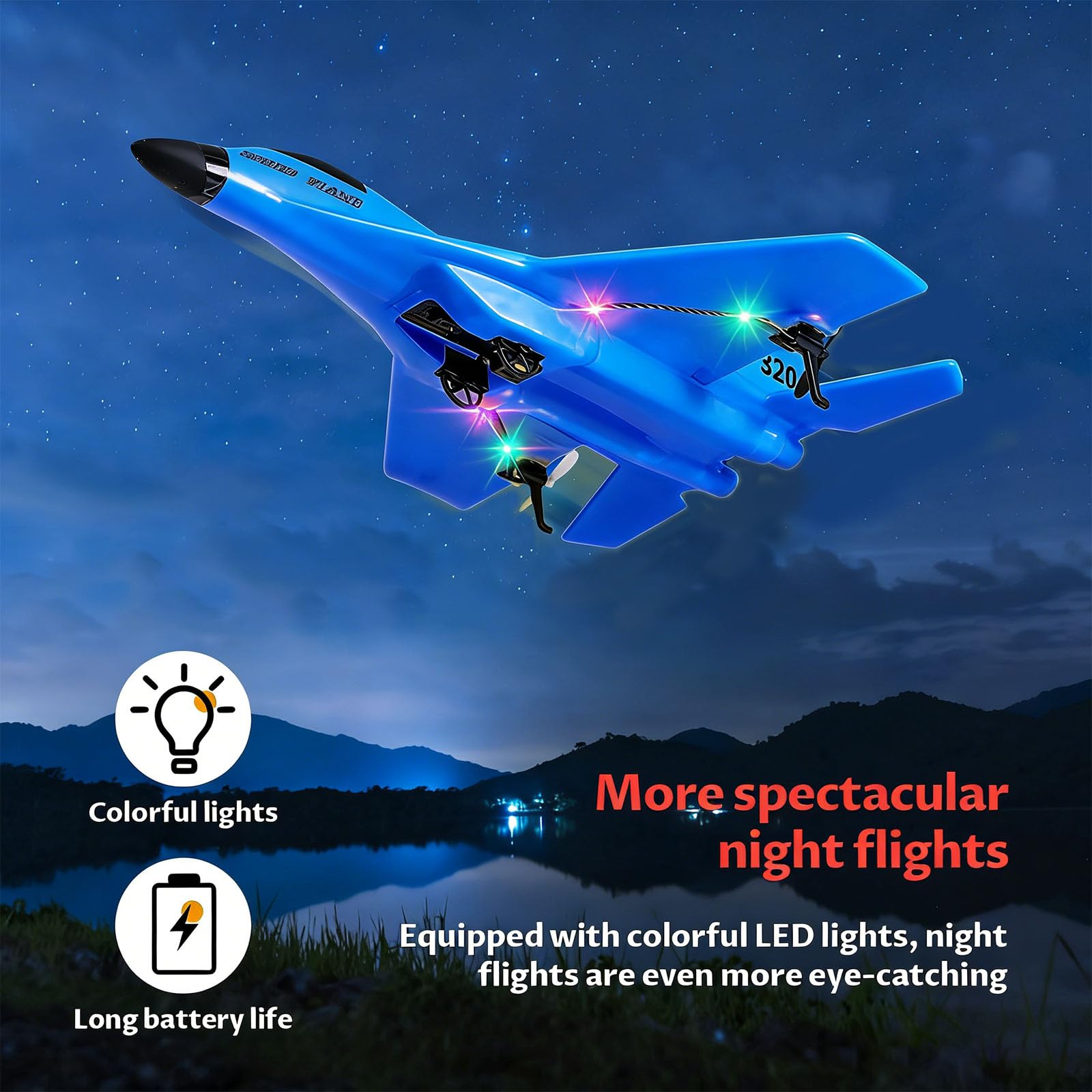 Avión RC de 2 Canales, 2,4 GHz Avión Teledirigido con Carga USB, Iluminación Fría, Planeador Volante a Distancia, Fácil de Volar para Niños y Principiantes